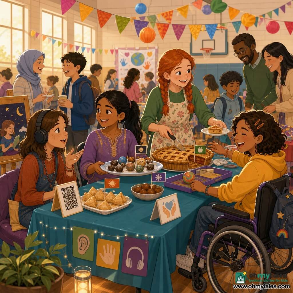 There are four girls, about 11 years old: a South-Asian tan-skinned girl with black straight hair in a ponytail seated center-left, smiling and holding a small tray of date-balls decorated like mini planets; a fair European girl with red braided hair standing behind the table at right, warm expression, cutting and offering a slice of apple cake; a Latina with short curly hair seated front-right in a wheelchair, laughing and reaching toward a "pass the ball" game on the table; and a fair mixed-heritage girl with freckles and mid-length brown hair seated left near a small listening corner, wearing headphones and softly telling a story. The setting is a school gym converted into a party space with shiny wooden floor, colorful streamers, folding tables with bright tablecloths, handmade posters with icons (ear, hand, earbuds) around the table, and warm light from side windows. Main scene: the "Different Ways, Same Team" table at a community evening where the four friends run inclusive activities—snacks arranged in small flags, a listening corner with a phone and headphones (and live storytelling), pictograms and small cards with QR codes, with children and adults of various ages approaching and participating, joyful atmosphere, laughter and helping gestures.