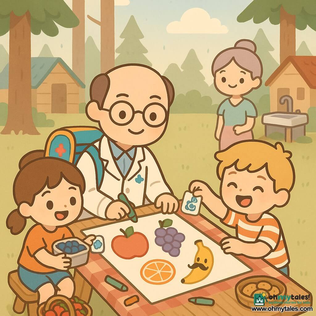 A smiling, kind male doctor, Dr. Sam, with round glasses, a lightweight white jacket and a colorful medical backpack draws a giant poster of fruits with markers on a picnic table while a cheerful 9-year-old girl, Mia, with brown pigtails holds a punnet of blueberries and adds stickers to the left of him, a laughing 10-year-old boy, Ben, with blond hair and a striped t-shirt sticks a drawing of a mustachioed banana to his right, and a nurse, Mrs. Holly, about 35 with gray-pink tied hair and a pastel smock watches and smiles from near an outdoor sink; the setting is a summer camp clearing under tall pines with a weathered wooden table, checkered cloth, scattered cookies and fruit baskets, warm late-afternoon light, and a joyful, colorful workshop atmosphere where the doctor creates “super-fruits” on a giant poster with bright colors, simple rounded shapes, a pastel sky and light raindrops on distant roofs.