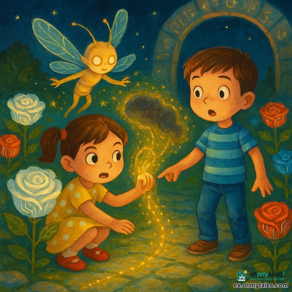 Hay tres personajes: Lía, niña de 6 años, coletas castañas, vestido amarillo con lunares blancos y zapatos rojos, agachada a la izquierda delante de una gran rosa blanca, concentrada, sujeta la mano de Nico y eleva una pulsera luminosa; Nico, niño de 6 años, pelo corto castaño, camiseta azul a rayas y vaqueros, de pie a la derecha, sorprendido pero valiente, toma la mano de Lía y señala una línea de migas de luz en el suelo; Fórix, pequeña criatura guardiana de luz y metal con alas transparentes, antenas finas y ojos luminosos, flota detrás guiando y emite chispas doradas. Lugar: una rosaleda fotónica nocturna con rosas de pétalos translúcidos rojos, azules y dorados con circuitos plateados visibles, piedras cubiertas de musgo, un gran arco de piedra grabado con símbolos luminosos y un sendero de cristal con estrellas reflejadas. Situación: los niños realizan una danza sencilla (1-2-3-4-5) para compartir su luz y apaciguar una pequeña nube gris que se disuelve mientras las pulseras proyectan hilos dorados que la envuelven y las rosas centellean; composición centrada, colores cálidos, contrastes suaves, estilo acrílico infantil, trazos definidos y expresiones cálidas.
