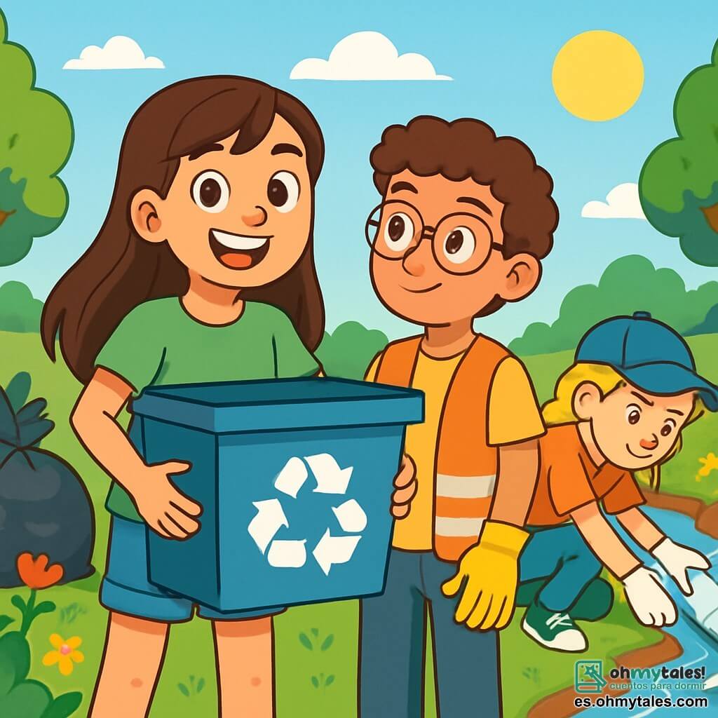 Una niña de 12 años, Lucía, con largos cabellos castaños y ojos llenos de determinación, lleva una camiseta verde y un short de mezclilla. Sonríe con entusiasmo mientras sostiene un gran contenedor de reciclaje, lista para recoger basura. A su lado, Diego, un niño de 12 años con cabello rizado y gafas, lleva un chaleco de seguridad naranja y sostiene un par de guantes, mirando a Lucía con admiración. Valeria, otra niña de 12 años con cabello rubio y una gorra, está agachada cerca del arroyo, recogiendo basura con una expresión concentrada. El lugar es un hermoso arroyo rodeado de árboles verdes, con flores coloridas en las orillas. El cielo es azul y soleado, creando un ambiente alegre y enérgico. La escena principal muestra a Lucía y sus amigos en acción, limpiando el arroyo, con bolsas de basura llenas de desechos a su lado, ilustrando su compromiso de proteger la naturaleza.