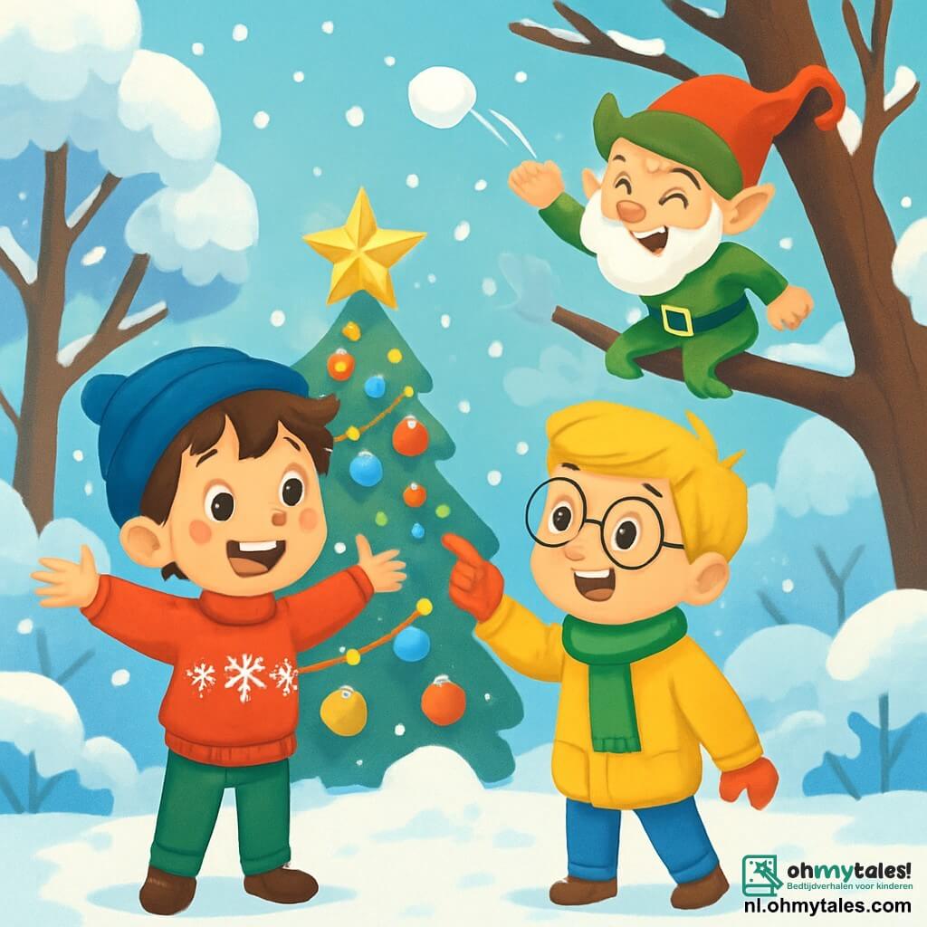 Er zijn 3 personages: - Sam: een 8-jarig jongen met rommelig bruin haar, gekleed in een rode trui met sneeuwvlokken en een blauwe muts. Hij staat links, met zijn armen wijd open, enthousiast lachend. - Tom: een 8-jarig jongen met blond haar en ronde bril, gekleed in een groene sjaal en een gele jas. Hij staat rechts van Sam en wijst naar de richting waar de kabouter zich verstopt. - Grappenmaker Kabouter: een kleine kabouter met een witte baard, gekleed in een felgroen kostuum en een puntige rode hoed. Hij zit op een tak boven de jongens, lachend en gooit een sneeuwbal. De locatie is een besneeuwde tuin, vol met glinsterende sneeuwvlokken die zachtjes vallen. Bomen met met sneeuw bedekte takken omringen de scène, en een grote stapel kerstversieringen schittert in het midden, met kleurrijke slingers en glinsterende ballen. De belangrijkste situatie toont Sam en Tom die op zoek zijn naar de kostbare kerstster, terwijl de Grappenmaker Kabouter hen plaagt met sneeuwballen. De gezichten van de jongens stralen van opwinding en lachen, wat de vrolijke kerstgeest vastlegt.