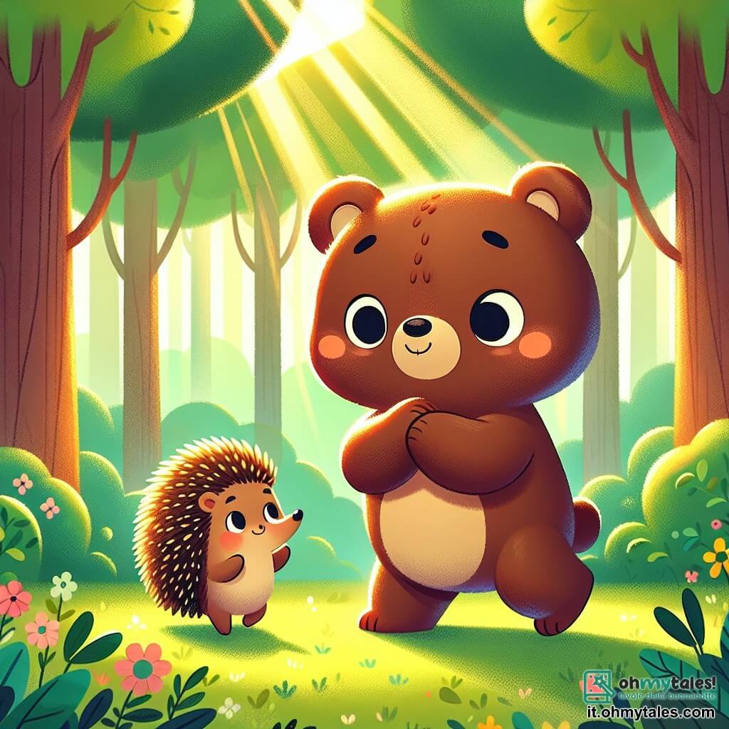 Un piccolo orso bruno, con un pelo morbido e occhi tondi brillanti di eccitazione, si trova al centro di una radura soleggiata, pronto a danzare. Ha un leggero sorriso sul volto, che mostra la sua nuova fiducia in sé, e le sue zampe sono leggermente piegate, come se stesse per fare un passo di danza. Accanto a lui, un piccolo riccio con aculei dorati e un sorriso incoraggiante lo applaude, le sue piccole zampe sollevate in segno di incoraggiamento. La scena si svolge in una foresta verdeggiante, circondata da grandi alberi con foglie brillanti e fiori colorati che punteggiano il terreno, mentre i raggi di sole filtrano tra i rami, creando un'atmosfera calorosa e accogliente. L'orso, con un'aria determinata e gioiosa, si lancia in una danza, mostrando così la sua fiducia recentemente acquisita davanti ai suoi amici.