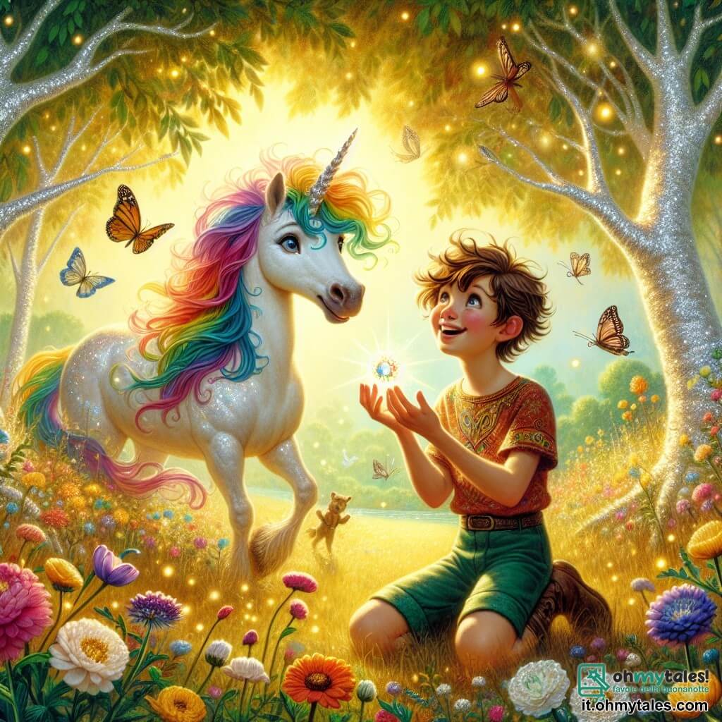 In una radura incantata, una magnifica unicorno di nome Lucilla si trova al centro dell'immagine, la sua criniera arcobaleno che fluttua dolcemente nel vento. Ha grandi occhi brillanti e un sorriso caloroso, esprimendo una gioia splendente mentre guarda un giovane ragazzo di nome Pippo. Pippo, un ragazzo di circa 8 anni, con capelli castani disordinati e occhi scintillanti di curiosità, è accovacciato vicino a Lucilla, tenendo una gemma luccicante tra le mani. Indossa una maglietta colorata e un pantaloncino, e il suo viso è illuminato dall'eccitazione per la loro scoperta. La scena si svolge in una radura immersa nella luce dorata, circondata da alberi con foglie d'argento che brillano al sole. Fiori multicolori danzano intorno a loro, e farfalle dalle ali iridescenti volano nell'aria, aggiungendo un tocco di magia all'ambiente. Lucilla e Pippo celebrano insieme la scoperta della gemma preziosa, un momento di felicità condivisa che simboleggia l'amicizia e l'avventura, mentre un vecchio gufo saggio li osserva da un ramo, aggiungendo un tocco di mistero alla scena.
