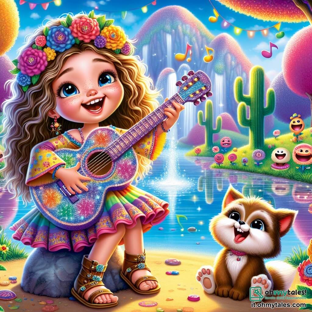 Una ragazza di 10 anni, Lalla, con lunghi capelli ricci e un grande sorriso luminoso, è al centro dell'immagine mentre suona una chitarra scintillante che emette note colorate. Indossa un vestito colorato decorato con motivi floreali e sandali, e il suo viso esprime una gioia contagiosa. Accanto a lei, Sir Baffo, una piccola volpe con un grande baffo simile a un pennello, la guarda con ammirazione, i suoi occhi scintillanti di malizia. È seduto su una pietra, leggermente inclinato verso Lalla, come se fosse pronto a incoraggiarla nella sua avventura. Lo sfondo è un paesaggio da favola, con un lago scintillante dai riflessi arcobaleno, circondato da fiori che ridono e alberi dai tronchi multicolori. In lontananza, montagne di caramelle si ergono sotto un cielo blu punteggiato da nuvole a forma di zucchero filato. La scena mostra Lalla mentre suona la chitarra per far ridere un cactus, mentre risate e note musicali fluttuano nell'aria, creando un'atmosfera magica e gioiosa, piena di colori vivaci e buon umore.