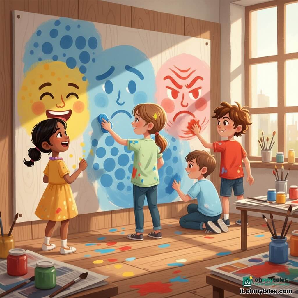 Ci sono quattro bambini di 9 anni: Sofia (bambina, capelli castani raccolti a coda, maglietta verde chiaro macchiata di pittura) al centro con una piccola spugna blu che crea texture a onde sul muro; Marco (bambino, capelli bruni scompigliati, maglietta rossa) a destra che, sorridendo timidamente, dà larghe pennellate rosse per la rabbia; Amina (bambina, capelli neri con una collana di perline colorate, vestito giallo) a sinistra che aggiunge piccoli punti gialli ridendo verso Sofia; Luca (bambino, capelli corti, camicia azzurro pallido) accovacciato dietro Sofia che sfuma un grande degradé blu per la tristezza. Luogo: laboratorio d'arte scolastico luminoso con un grande murale in legno dipinto, tavoli coperti di giornali, barattoli di vernice multicolore, pennelli sparsi e schizzi di pittura sul pavimento; una calda luce entra da una grande finestra. Situazione: i quattro dipingono insieme un grande muro con volti che esprimono emozioni diverse, cooperazione evidente, tutti sorridono, atmosfera conciliatrice, colori vivaci, stile acrilico infantile ma dettagliato.
