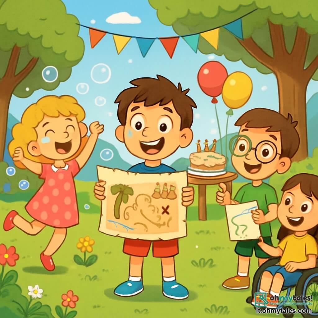 Ci sono quattro bambini: - Luca: un ragazzo di 9 anni con capelli castani disordinati e un grande sorriso. Indossa una maglietta blu e pantaloni rossi, e si trova al centro, tenendo una grande mappa del tesoro. - Sara: una ragazza di 9 anni con capelli ricci e biondi, vestita con un abito rosa a pois. È a sinistra di Luca, saltando di gioia con bolle di sapone che fluttuano attorno a lei. - Davide: un ragazzo di 9 anni con occhiali e capelli castani. Indossa una maglietta verde e pantaloni corti. È a destra di Luca, tenendo una mappa disegnata a mano e mostrando un percorso con entusiasmo. - Chiara: una ragazza di 9 anni con capelli lisci e castani, seduta sulla sua sedia a rotelle. Indossa una maglietta gialla e pantaloni di jeans. È leggermente indietro, sorridendo e ascoltando i suoi amici con un'espressione gioiosa. Il luogo è un parco verdeggiante, pieno di alberi e fiori colorati. Al centro, un grande tavolo è decorato con palloncini multicolori e una enorme torta di compleanno con candele scintillanti. Festoni di carta fluttuano nel vento, e bolle di sapone danzano nell'aria soleggiata. I bambini stanno preparando la festa di compleanno di Luca, ridendo e sorridendo, tutti entusiasti di iniziare la caccia al tesoro.