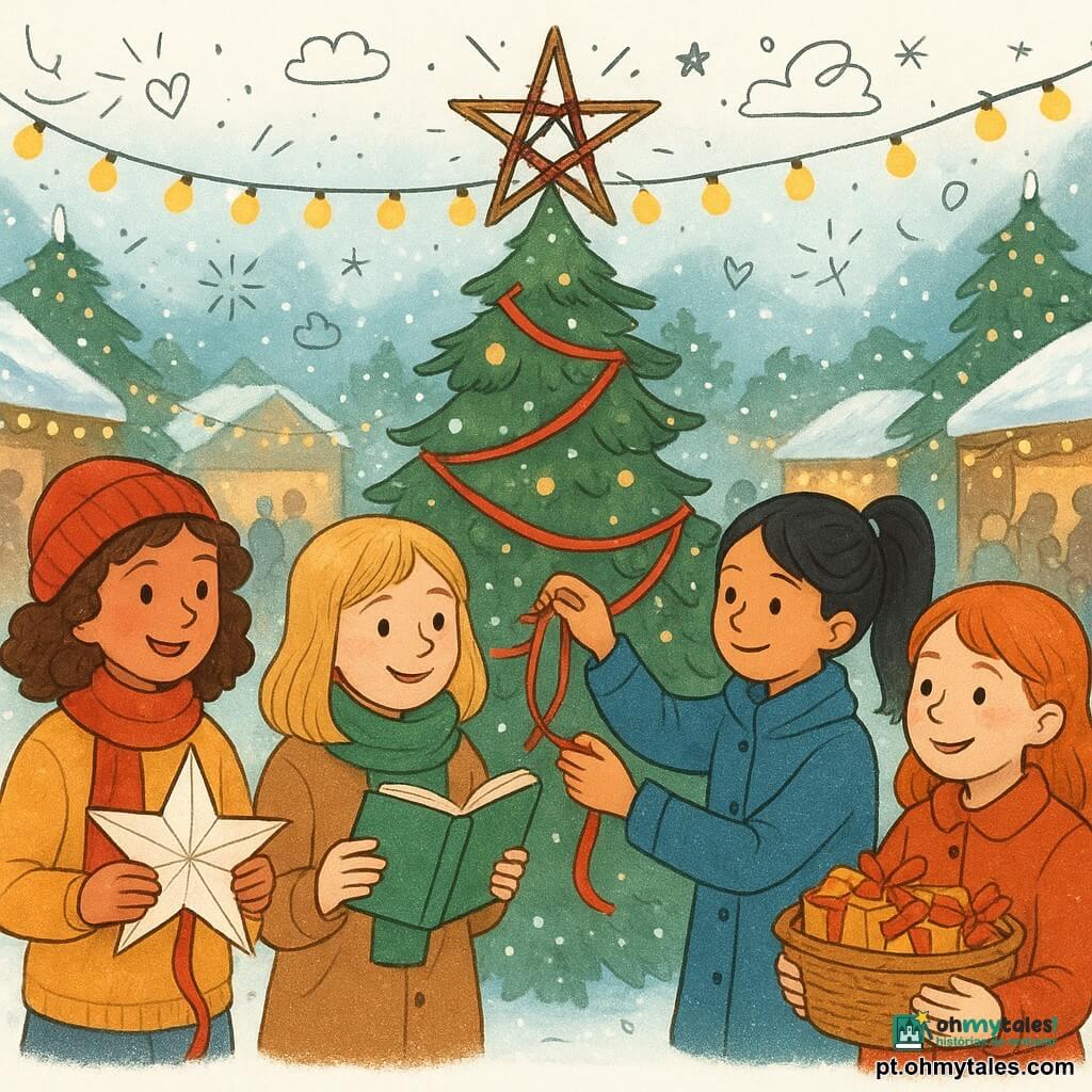 Há 4 crianças: - Clara, uma menina de 12 anos, tem cabelos castanhos cacheados sob um gorro vermelho, ela segura uma estrela de papel com uma fita vermelha. Ela está à esquerda da imagem. - Inês, uma menina de 12 anos, tem cabelos loiros e usa um cachecol verde, ela sorri segurando um livro com um marcador vermelho. Ela está à direita de Clara. - Sofia, uma menina de 12 anos, tem cabelos pretos presos em rabo de cavalo e usa um casaco azul, ela pendura uma pequena fita vermelha em um galho de pinheiro. Ela está à direita de Inês. - Mariana, uma menina de 12 anos, tem cabelos ruivos e sardas, ela segura uma cesta cheia de pequenos presentes decorados com fitas vermelhas. Ela está à direita de Sofia. O local é uma praça de vila coberta de neve, iluminada por guirlandas de luzes suspensas entre as árvores. Uma grande estrela feita de galhos e fitas vermelhas está pendurada no topo de uma árvore de Natal no centro da praça. Barracas de madeira decoradas com luzes e guirlandas cercam a praça, e flocos de neve caem suavemente do céu. A situação principal mostra as crianças decorando a praça com fitas vermelhas, simbolizando o compartilhamento e a alegria do Natal. As fitas vermelhas brilham sob as luzes, e as crianças estão rodeadas de adultos e crianças maravilhados que participam da festa. A atmosfera é acolhedora e festiva, com cores vivas e sorrisos em todos os rostos.