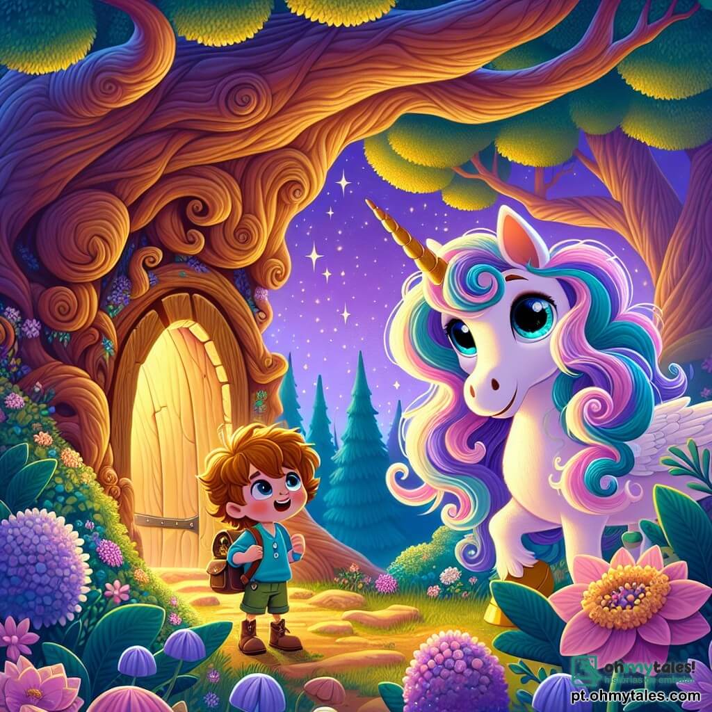Uma magnífica unicórnio, Lila, está no centro da cena, com uma crina ondulante em cores pastel, brilhando sob a luz do sol. Seus grandes olhos expressam sabedoria e bondade, enquanto ela olha com esperança para um menino de sete anos, Lucas, que está ao seu lado. Lucas, com cabelos castanhos bagunçados, vestindo uma camiseta azul e um short verde, tem um sorriso maravilhado no rosto, segurando uma pequena mochila cheia de lanches. A cena ocorre em uma clareira encantada, rodeada de grandes árvores com troncos retorcidos e folhas brilhantes como esmeraldas. Flores coloridas em tons de rosa, roxo e amarelo dançam suavemente ao vento, enquanto um céu lilás pontilhado de estrelas brilhantes ilumina o local, mesmo durante o dia. Lila e Lucas estão diante de uma porta de madeira esculpida, integrada no tronco de uma árvore gigante, prontos para entrar em um mundo mágico. A cena principal mostra Lila, a unicórnio, encorajando Lucas a atravessar a porta, enquanto eles se preparam para começar sua grande aventura juntos.