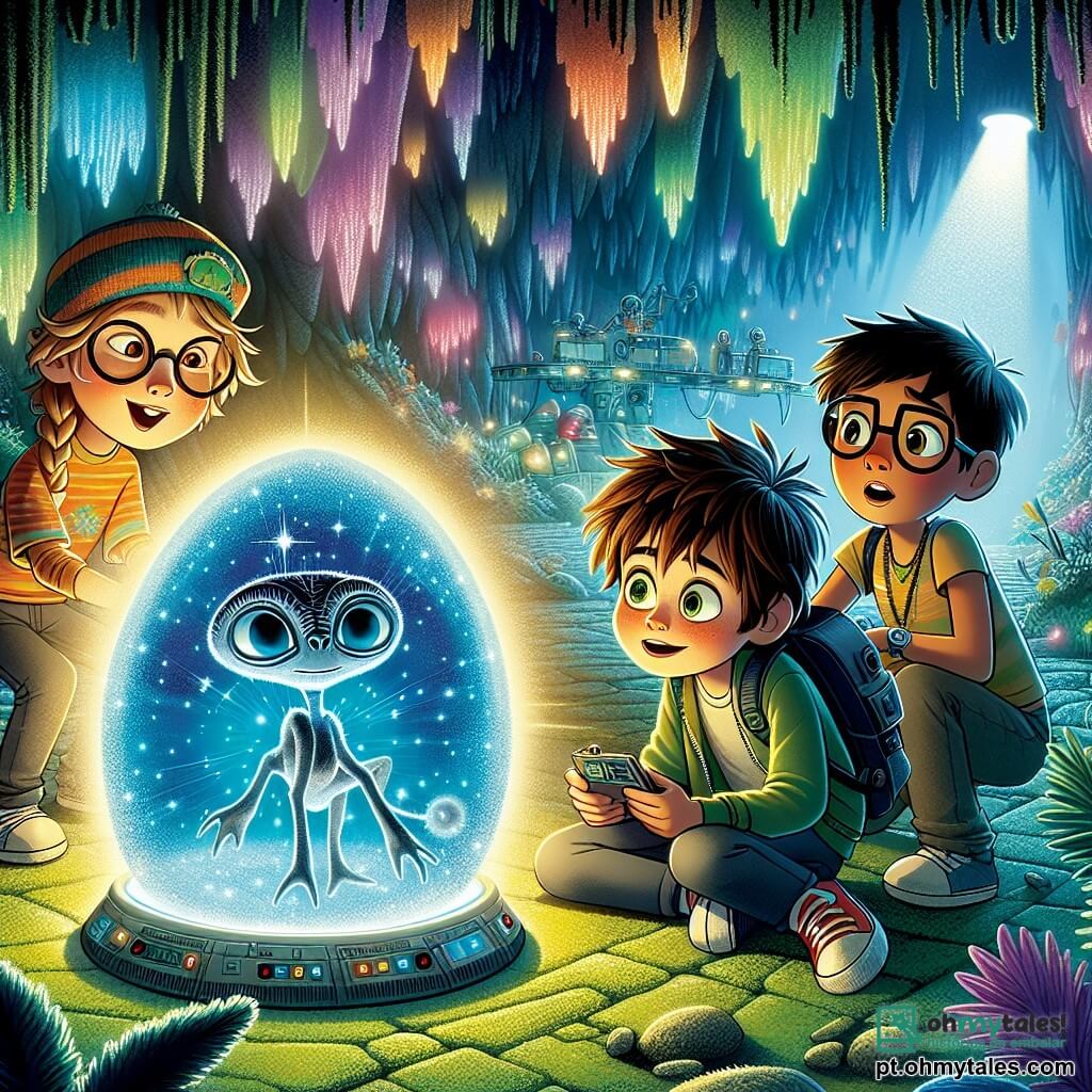 Um garoto de 12 anos, Tomás, com cabelos castanhos bagunçados e olhos brilhantes de curiosidade, está no centro da cena, maravilhado e sorridente, diante de um artefato extraterrestre que brilha com uma luz azulada. Ao seu lado, Luna, uma menina com cabelos loiros trançados e óculos redondos, observa o objeto misterioso com fascínio, segurando um pequeno aparelho eletrônico nas mãos. Igor, um garoto de cabelos negros e pele morena, se inclina para frente, com os olhos arregalados, pronto para anotar em um caderno. O cenário é uma caverna misteriosa, com paredes brilhantes de cristais coloridos e um chão coberto de musgo verde. Lianas luminosas pendem do teto, iluminando a cena com uma luz suave e mágica. Tomás e seus amigos estão descobrindo um artefato extraterrestre, emitindo sons estranhos e cativantes, enquanto estão em uma postura de admiração, prontos para desvendar o mistério deste objeto vindo de outro lugar.