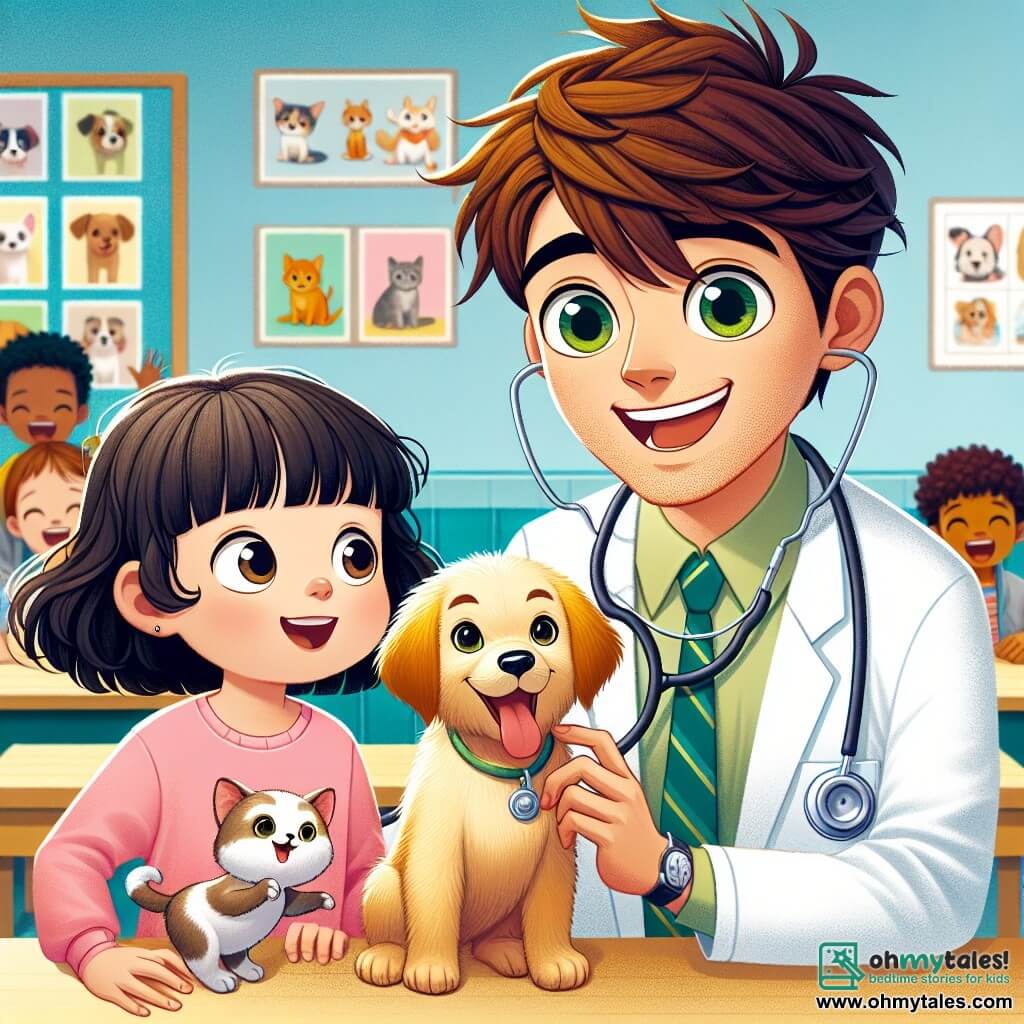 A male veterinarian, Dr. Felix, is at the center of the image, with messy brown hair and sparkling green eyes. He wears a white coat and a stethoscope around his neck, smiling warmly while examining a golden puppy named Max, who is sitting at his feet, tongue out and wagging his tail joyfully. Next to him, an 8-year-old girl with curly hair and a pink t-shirt holds a small stuffed cat, looking at the veterinarian in awe. She stands slightly forward, her eyes wide with curiosity. In the background, a colorful classroom with light blue walls is filled with animal posters and children's drawings. Wooden desks are arranged in rows, and children are laughing and fidgeting, eager to learn. The scene shows Dr. Felix enthusiastically explaining how to care for animals, while the children listen attentively, captivated by his words and love for animals.