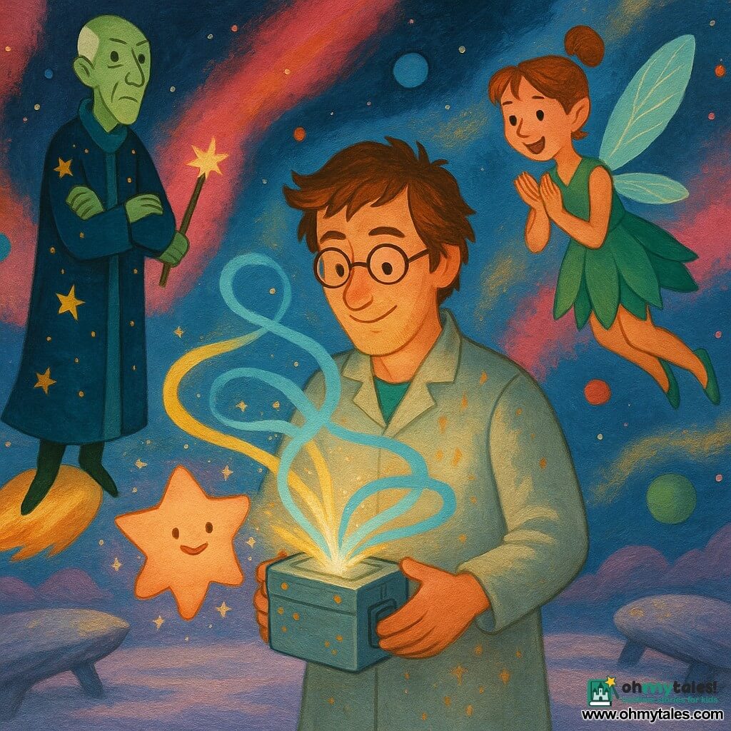 Alwyn stands center, gentle, focused, slightly smiling with messy chestnut hair and round glasses, holding a silver box device—the "Star Mender"—that emits pale blue and gold ribbons of light; to his right Lira, a ~12-year-old fairy with iridescent translucent wings and a petal dress, hovers excitedly with hands clasped; before him floats Tink, a small peach-pink glowing star-child with a smiling face, being gently enveloped and repaired by the light ribbons; to the left Zorn, a tall thin elderly man with pale green skin, a starry robe and a glowing wand, stands on a small comet with arms crossed, observing; the scene is a cosmic clearing of purple-silver cloud ground, comet benches and swirling pink, blue and gold nebulae with floating colorful planets, filled with soft tension and luminous magic.