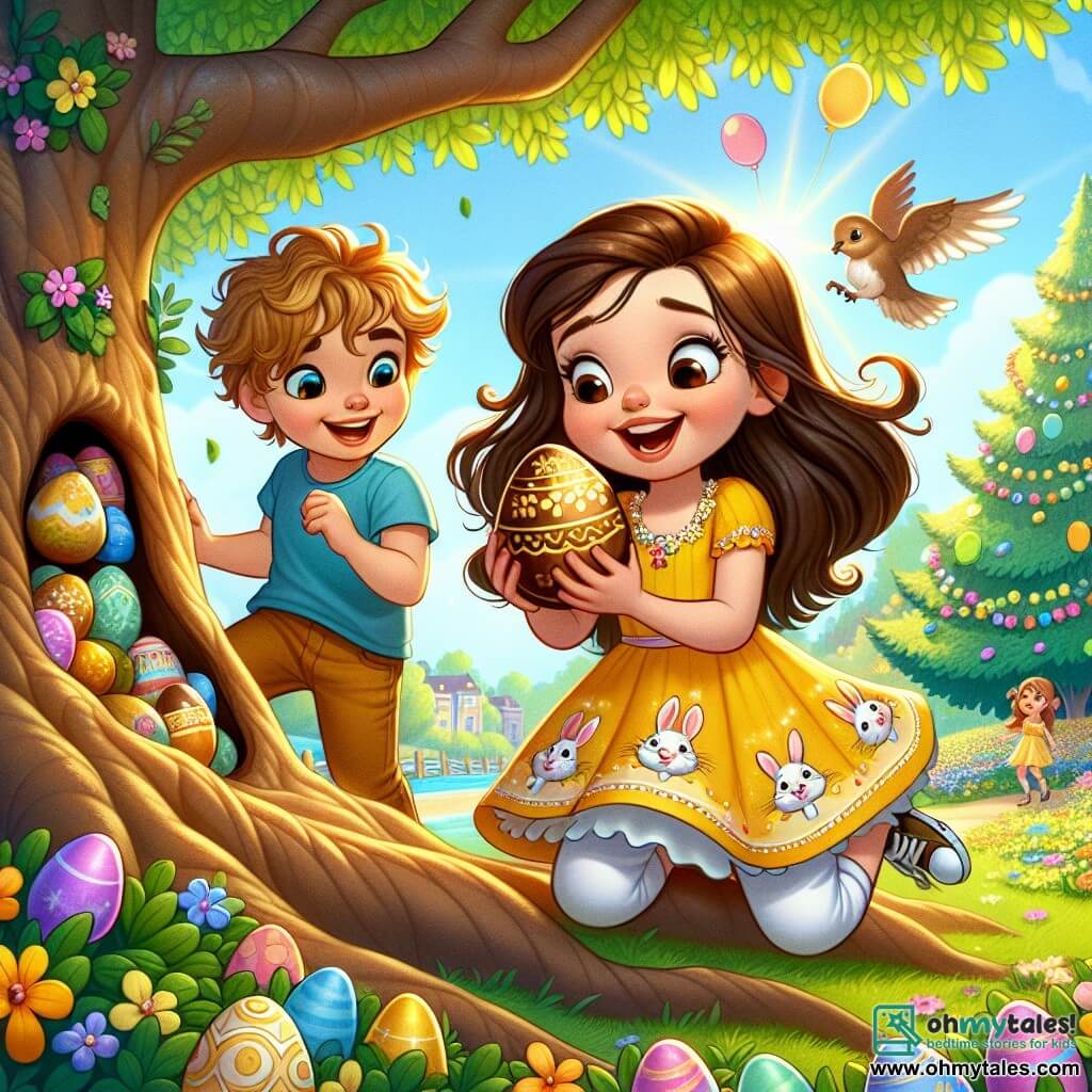 A 6-year-old girl named Lily, with long brown hair and sparkling eyes, is wearing a yellow dress adorned with little rabbits. She is crouched near a large tree, beaming with a radiant smile while holding a golden chocolate egg in her hands. Next to her, her friend Max, a 6-year-old boy with messy blonde hair and a blue t-shirt, looks in awe at the golden egg. He stands with his arms crossed, displaying an expression of excitement. The scene takes place in a sunny park filled with colorful flowers and floating balloons. A majestic tree with leafy branches stands in the center, casting a gentle shade on the ground. The main situation shows Lily and Max discovering a hidden golden egg in a small secret nook under the tree, surrounded by colorful eggs and sparkling decorations, while a cheerful little bird watches them, adding a touch of magic to this Easter scene.