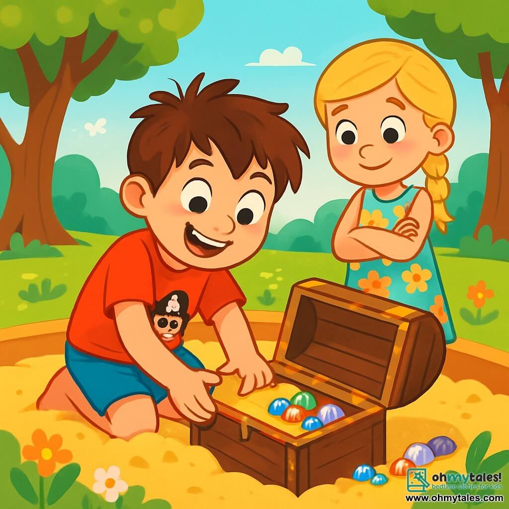 An 8-year-old boy, Max, with messy brown hair and sparkling curious eyes, is crouched in a golden sandbox, his face lit up with joy and excitement. He wears a red t-shirt with a pirate design and blue shorts, his hands full of sand as he enthusiastically searches for hidden treasure. Nearby, his best friend Emma, a 7-year-old girl with braided blonde hair wearing a floral dress, encourages him with a big smile, arms crossed over her chest, watching Max's adventure with fascination. The scene is set in a sunny park filled with greenery, majestic trees, and colorful flowers swaying in the wind. The sandbox is surrounded by the laughter of playing children and the cries of birds, creating a joyful and lively atmosphere. The main focus shows Max digging up an old wooden chest, his amazed expression as he discovers a treasure filled with colorful marbles and shiny seashells, symbolizing the adventure and magic of childhood.