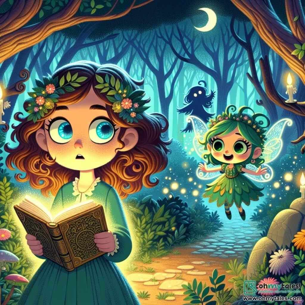 A 10-year-old girl named Lucy stands in the center of the image, her eyes shining like sapphires and her curly brown hair gently floating in the wind. She has an expression of curiosity mixed with apprehension, holding a large, ancient book with yellowed pages, surrounded by mysterious glows. To her right, a small forest spirit with sparkling wings and a mischievous smile floats in the air, looking joyful and inviting Lucy to move forward, with green hair and clothes made of leaves and flowers. In the background, the dense forest is painted in vibrant colors, with gnarled tree trunks and dancing shadows creating a magical yet slightly eerie atmosphere. Moonlight beams pierce through the foliage, illuminating the path ahead. The main scene shows Lucy, fascinated and a bit scared, ready to enter a circle of ancient stones in the center of the clearing, where silhouettes of mysterious shadows seem to watch her, as if scary tales come to life around her.
