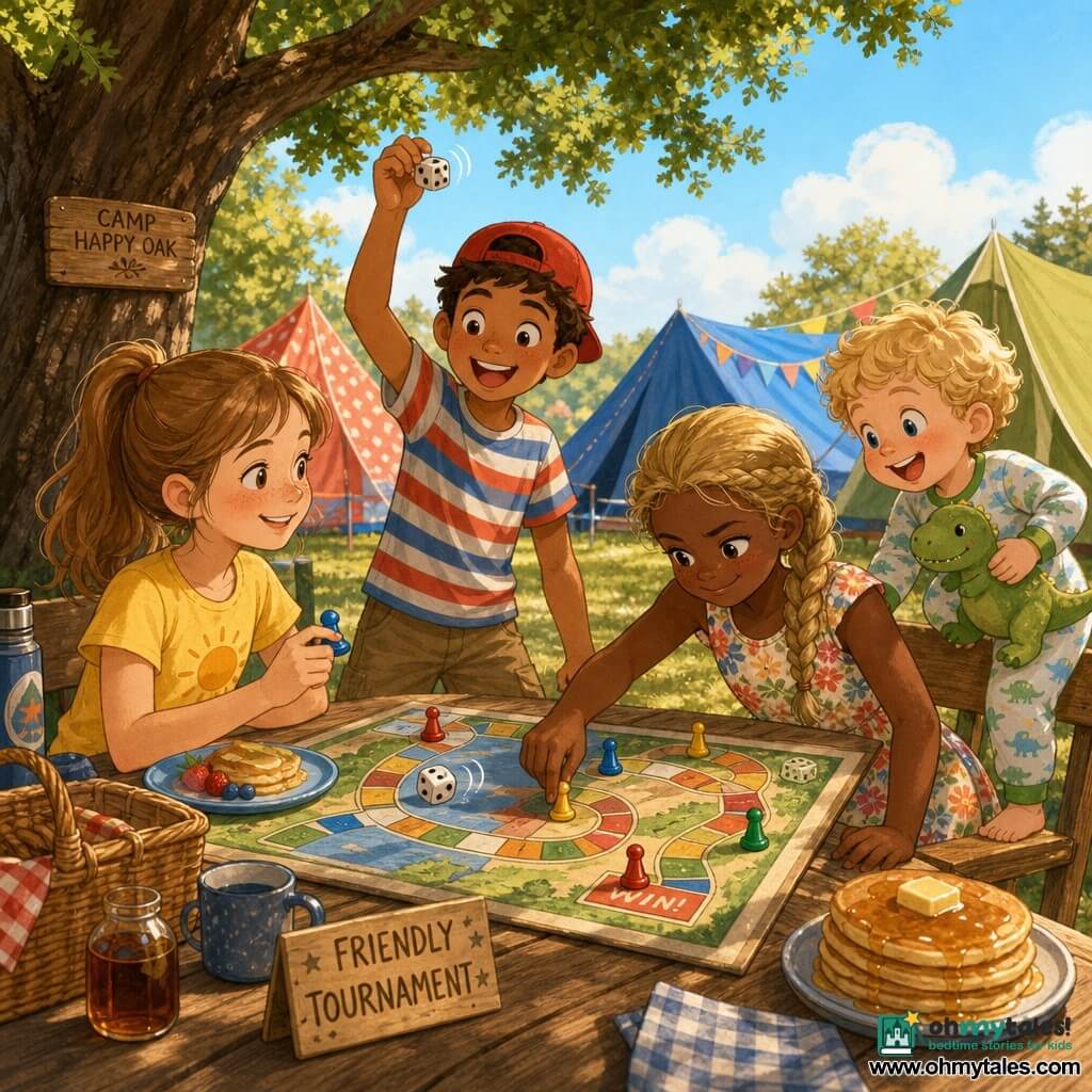 A happy, kind 10-year-old girl with freckles and light brown hair in a ponytail wearing a yellow T-shirt and denim shorts gently holds a game piece and looks at her little brother; Jake, an excited 10-year-old boy with short brown hair, a red cap and striped T-shirt, stands by a wooden table tossing a die; Emily, a mischievous focused 10-year-old with braided blonde hair in a floral dress, sits moving a token toward the winning square; Max, their curious joyful 3-year-old brother with curly blonde hair in dinosaur pajamas, clutches a dinosaur cuddly and climbs onto the chair next to his sister. The setting is a summer campsite: a large wooden table under a green-leaved oak, colorful tents, blue sky, green grass, picnic baskets and plates of pancakes. They're playing a board game outdoors in a friendly tournament, laughing as dice roll and colorful pieces move across an illustrated board in warm golden morning light, lively cozy atmosphere. Graphic style: bright colors, soft outlines, visible fabric and wood textures, clear childlike facial expressions.