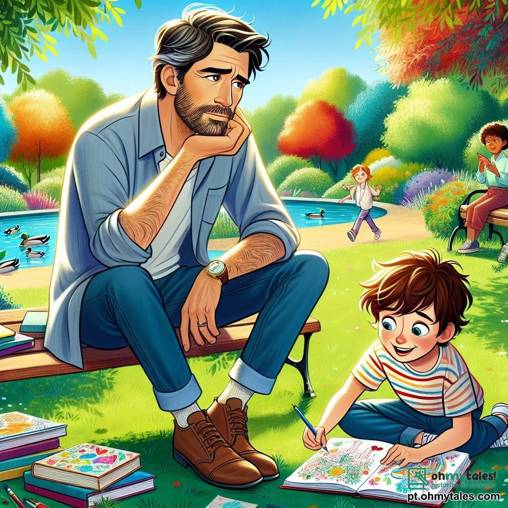 Um homem de meia-idade, Miguel, está sentado em um banco em um parque ensolarado, com cabelos castanhos levemente grisalhos e uma barba bem aparada. Ele tem um olhar pensativo e sonhador, segurando um caderno de esboços aberto sobre os joelhos, onde começa a esboçar ideias coloridas. Ao seu lado, um garoto de 8 anos, Lucas, com cabelos castanhos bagunçados e olhos brilhantes de curiosidade, está sentado de pernas cruzadas na grama. Ele desenha com entusiasmo em seu próprio caderno, mostrando desenhos de patos e flores, enquanto lança olhares admirativos para Miguel. O parque é repleto de vegetação luxuriante, com árvores de folhas vibrantes e um pequeno lago brilhante ao sol, onde patos nadam tranquilamente. Crianças brincam ao fundo, acrescentando uma atmosfera alegre e animada à cena. A situação principal mostra Miguel, inspirado pela criatividade de Lucas, desenhando em seu caderno, enquanto Lucas o encoraja com ideias imaginativas, criando assim um momento mágico de troca artística entre os dois.