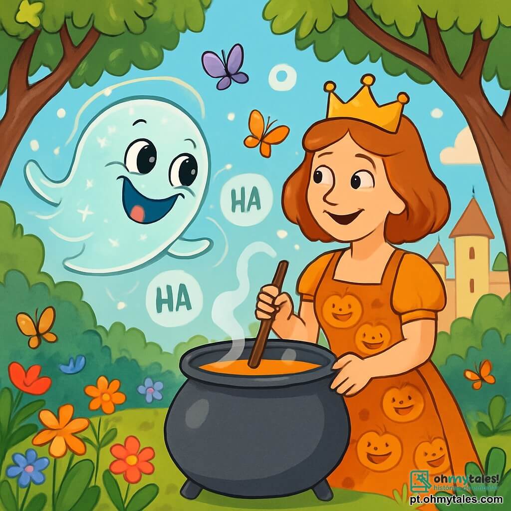Bolota, um pequeno fantasma redondo e travesso, flutua alegremente no ar, com um grande sorriso maroto e olhos brilhantes de malícia. Seu corpo translúcido é adornado com pequenas estrelas cintilantes, e ele é cercado por filamentos de luz suave. Ao lado dele, a Rainha Sopa de Abóbora, uma mulher de cerca de 40 anos, usa um vestido laranja vibrante, decorado com padrões de abóboras sorridentes. Ela está em sua cozinha, mexendo uma grande panela fumegante, com uma expressão divertida no rosto, pronta para compartilhar sua sopa mágica. O cenário se passa no jardim exuberante do castelo, repleto de flores coloridas e risadas de crianças. Árvores com troncos torcidos se erguem ao redor, e borboletas coloridas voam no ar. A cena principal mostra Bolota tentando fazer a Rainha rir com suas caretas engraçadas, enquanto bolhas de riso flutuam ao redor deles, criando uma atmosfera alegre e divertida.
