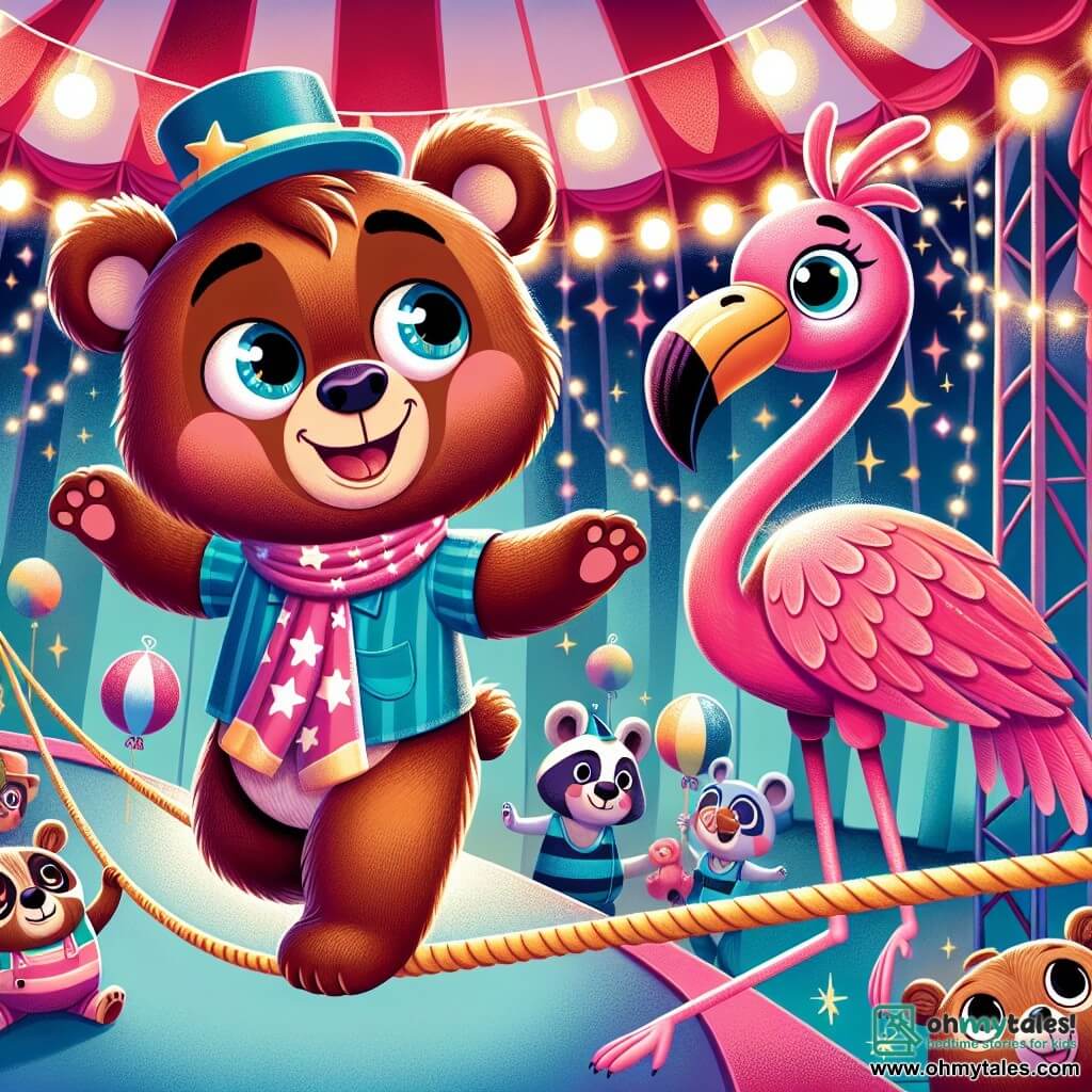 A brown bear named Benny, with soft and shiny fur, stands on a tightrope, his eyes sparkling with joy and excitement. He has a big smile on his face and wears a starry scarf around his neck. Next to him, an elegant pink flamingo, with bright pink feathers and a graceful long neck, encourages him with a warm smile, its wings slightly spread. Below, a group of animals, including a juggling raccoon and curious elephants, watch the scene with amazed expressions and wide eyes. The setting is a colorful circus tent with red and white stripes, filled with twinkling lights and floating balloons, creating a festive and magical atmosphere. The main scene shows Benny carefully walking on the rope, his trembling but determined paws, while the audience applauds and laughs enthusiastically, creating a joyful and energetic atmosphere.