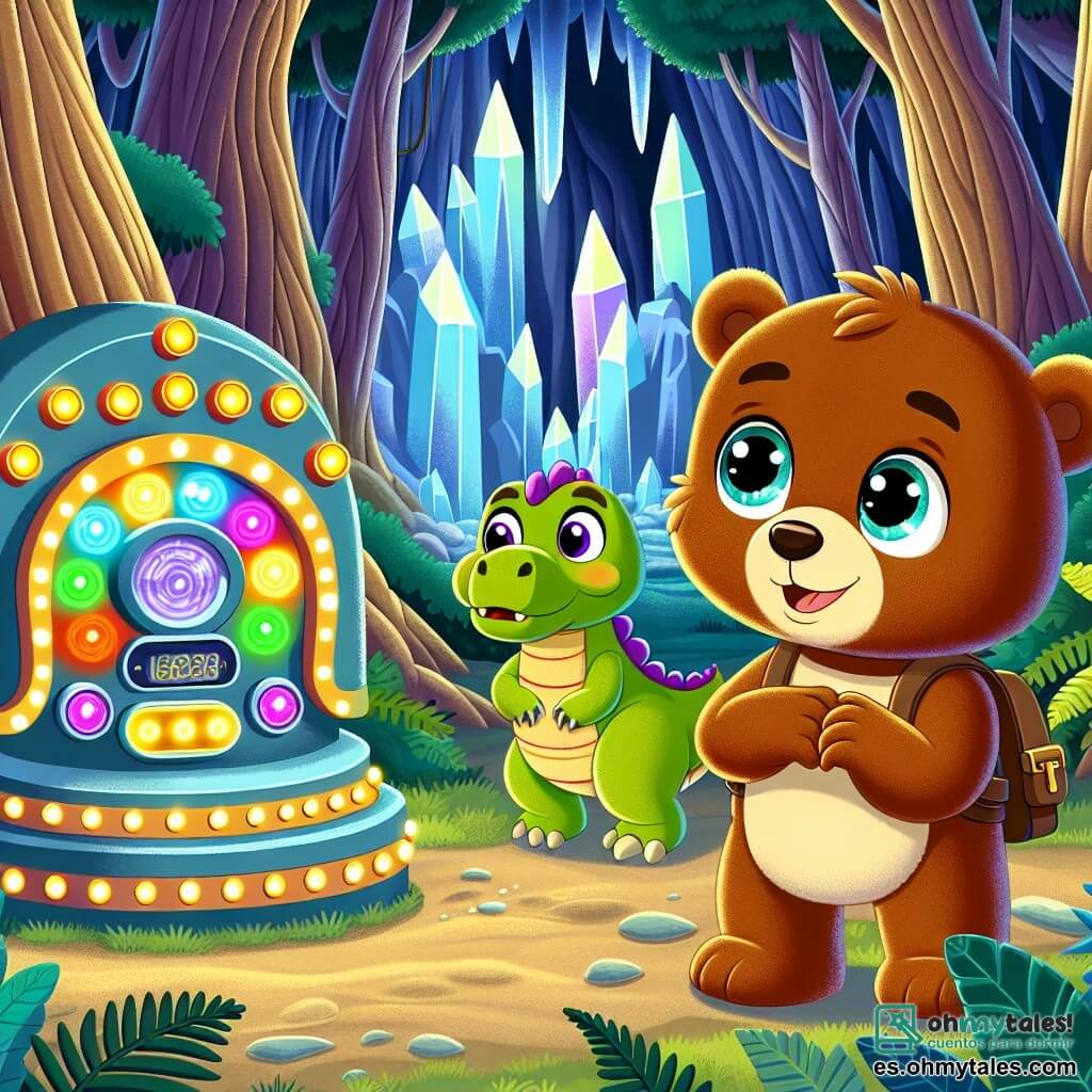 Bruno, un joven oso marrón con ojos llenos de curiosidad, se encuentra al borde de una cueva misteriosa, maravillado. Mira una máquina brillante de colores vivos, decorada con botones multicolores y luces centelleantes, que parece lista para llevarlo a una aventura increíble. A su lado, Dino, un pequeño dinosaurio verde con escamas brillantes y una sonrisa amigable, salta de emoción, reflejando entusiasmo en sus ojos. Un poco más lejos, un viejo dinosaurio sabio, Sabio, con una larga cresta de plumas y arrugas que cuentan historias, observa la escena con benevolencia. El lugar es un bosque prehistórico, con árboles gigantes, helechos exuberantes y cristales brillantes que iluminan la cueva. Los sonidos de la naturaleza, como el canto de los pájaros y el murmullo de un arroyo, añaden a la atmósfera mágica. La escena principal muestra a Bruno listo para activar la máquina del tiempo, rodeado de sus nuevos amigos, todos ansiosos por vivir una extraordinaria aventura juntos.