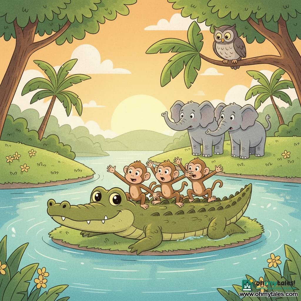 Clarence is a smiling, gentle olive-green crocodile with textured skin and bright round eyes, slowly swimming toward a small island carrying three playful light-brown monkeys seated in a row on his back, some looking toward the shore; in the distance two soft grey elephants stand on the bank with raised trunks watching anxiously, while an old grey-brown owl perches high on a branch as a silent advisor; the setting is a clear turquoise river, grassy banks with yellow flowers and tropical trees, small gentle waves around the crocodile at sunset; the scene conveys a calm, reassuring rescue in pastel colors and soft outlines, expressing solidarity and friendship.