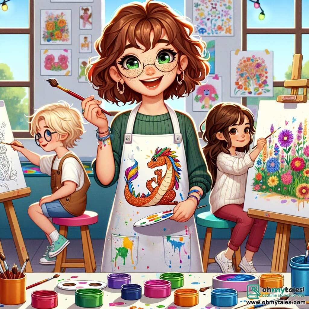 Clara Bright, a young woman with curly brown hair and sparkling creative eyes, stands at the center of the stage, a wide smile on her face, holding a colorful brush in her right hand. She wears a white smock splattered with paint, and her gaze is filled with enthusiasm as she guides the children in their artistic adventure. Max, an 8-year-old boy with messy blonde hair and round glasses, leans over his canvas, focused on his drawing of a dragon. Next to him, Lily, a shy 7-year-old girl with long brown hair, delicately paints a blooming garden, her eyes shining with pride. The two children sit on colorful stools, surrounded by scattered pots of paint and brushes. The setting is a bright community center room, with walls adorned with vibrant paintings made by the children. Large windows let in sunlight, illuminating the canvases in progress, while a joyful and creative atmosphere fills the air. The main scene shows Clara encouraging the children, showing them how to mix colors and express their emotions through art, as they dive into their imagination, each bringing their dreams to life on the canvas.