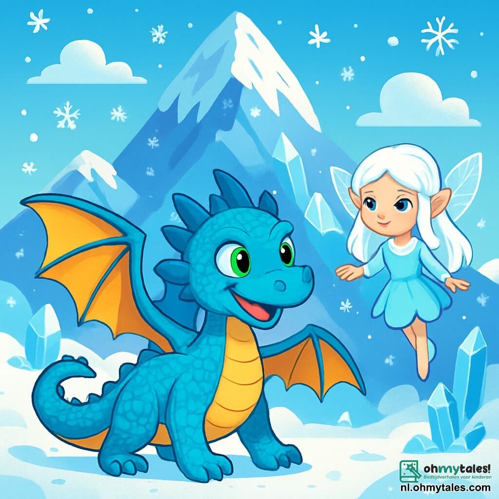 Een jonge draak, Draco, met glinsterende felblauwe schubben en sprankelende smaragdgroene ogen, staat aan de voet van een besneeuwde berg. Hij spreidt zijn majestueuze vleugels, klaar om op te stijgen, terwijl een vastberaden glimlach zijn gezicht verlicht. Naast hem zweeft een kleine elfachtige sneeuwmeisje, met stralend wit haar en lichtblauwe ogen, iets boven de grond, haar transparante vleugels glinsteren in de zon. Ze kijkt naar Draco met een mix van aanmoediging en mysterie. De achtergrond toont een imposante berg, bedekt met glinsterende sneeuw en ijs kristallen die als diamanten in de zon schitteren. Sneeuwvlokken dansen in de lucht, wat een magische en feeërieke sfeer creëert. De hoofdsetting toont Draco die klaar is om zijn beklimming te beginnen, vastbesloten om het Oog van de Storm te vinden, terwijl de elf hem advies geeft, wat een vleugje mysterie aan zijn avontuur toevoegt.