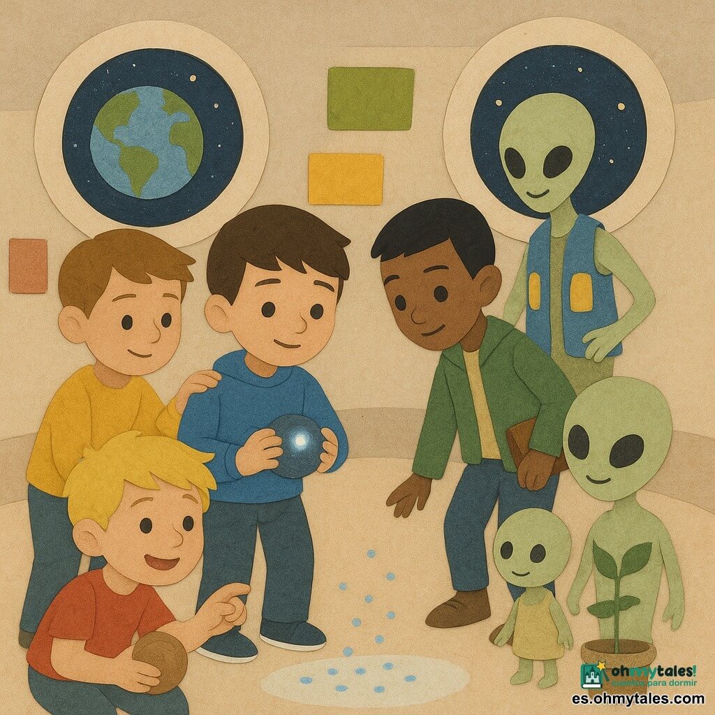 Hay 7 personajes: Bruno, niño de 8 años, cabello castaño corto, sudadera azul, en el centro sosteniendo un dispositivo redondo que emite una luz suave y proyecta puntos azules en el suelo; Iker, niño de 8 años, delgado, cabello negro, chaqueta verde, a la derecha de Bruno, inclinado observando la proyección y con una pequeña bolsa; Mateo, niño de 8 años, cabello castaño, suéter amarillo, a la izquierda de Bruno con la mano en su hombro, rostro tranquilo; Samu, niño de 8 años, cabello rubio despeinado, camiseta roja, agachado delante de Bruno, sosteniendo una galleta grande y riendo, señalando una planta que canta; Lun, extraterrestre no binario, piel color melón, ojos negros grandes y brillantes, pequeño, de pie detrás de la mesa a la izquierda, sonriendo y mostrando una tableta luminosa; Rii, extraterrestre no binario, piel color melón, brazos finos, centro-atrás, con un chaleco de bolsillos luminosos tocando un tubo con una planta cantante; Poma, extraterrestre no binario, piel color melón, más pequeño a la derecha, sosteniendo una bolita de color como "ficha de turno". Lugar: interior de una estación luminosa redonda con paredes crema y ventanas redondas que muestran la Tierra y las estrellas, paneles coloridos en las paredes y una mesa con tubos de vidrio con plantas brillantes; el suelo claro tiene un círculo de luz donde se proyecta el camino de puntos azules. Situación: encuentro amistoso y curioso: los cuatro niños interactúan con tres extraterrestres alrededor del aparato luminoso que proyecta el camino de puntos; ambiente suave y cálido en tonos pastel, textura de papel recortado, sombras simples, expresiones amables y composición clara y fácil de leer para un niño de 8 años.