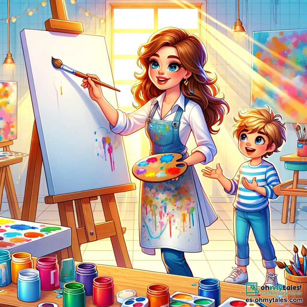 Una artista llamada Sofía está de pie frente a un enorme lienzo blanco, con el rostro radiante de alegría y concentración. Tiene el cabello largo y castaño, una blusa salpicada de pintura y sostiene un pincel colorido en su mano derecha. A su lado, un niño curioso llamado Lucas, de unos 8 años, con el cabello rubio desordenado y una camiseta a rayas, observa con asombro el trabajo de Sofía. La escena se desarrolla en un taller luminoso, lleno de lienzos de todos los tamaños, tarros de pintura de colores vivos y pinceles esparcidos sobre una gran mesa de madera. Rayos de sol entran por una gran ventana, iluminando los colores vibrantes del taller. Sofía y Lucas discuten ideas para el cuadro, rodeados de creaciones artísticas, mientras Sofía le explica a Lucas cómo mezclar colores para dar vida a su obra.