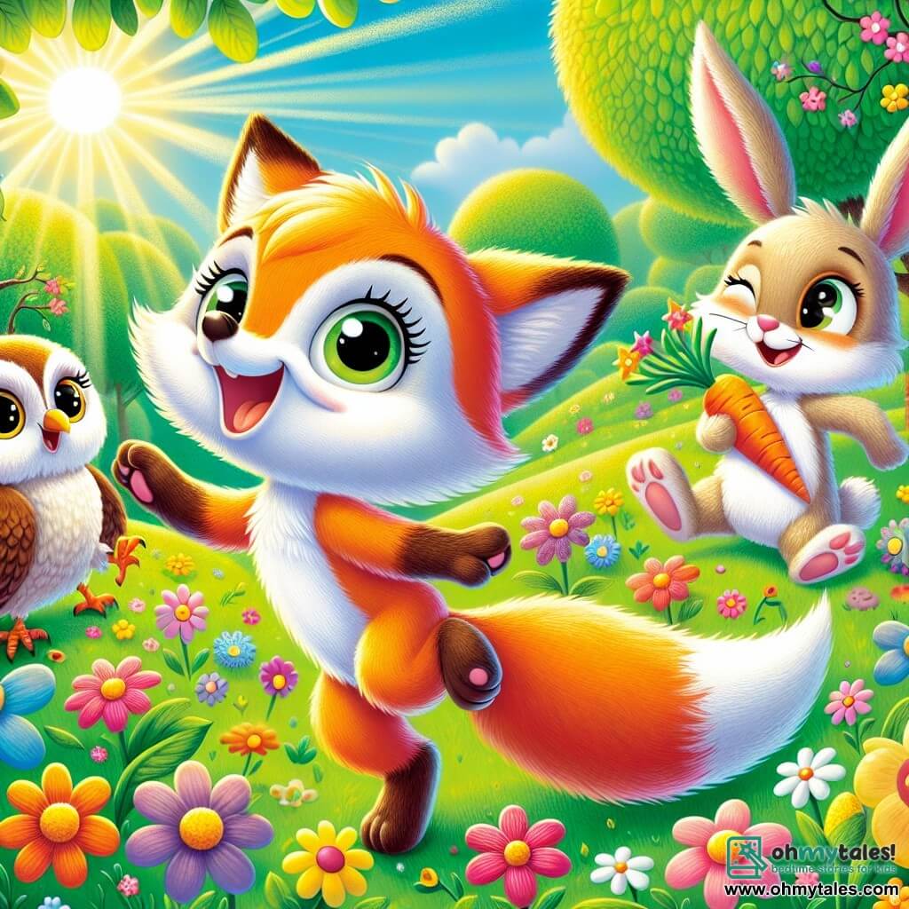 In a sunny meadow, a little fox named Felix, with his bright orange fur and bushy tail, jumps for joy, smiling amidst colorful flowers. Next to him, a wise owl named Bella, with big round eyes and brown feathers, is perched on a tree branch, hooting happily while holding a book about nature. Not far away, a little rabbit named Benny, with long ears and white fur, is gathering carrots and flowers, his face beaming with happiness. The setting is a green field dotted with vibrant flowers under a clear blue sky, with sunlight illuminating the scene. The main situation shows Felix and his friends preparing for a spring party, filled with excitement and joy, surrounded by laughter and colors, ready to celebrate together.