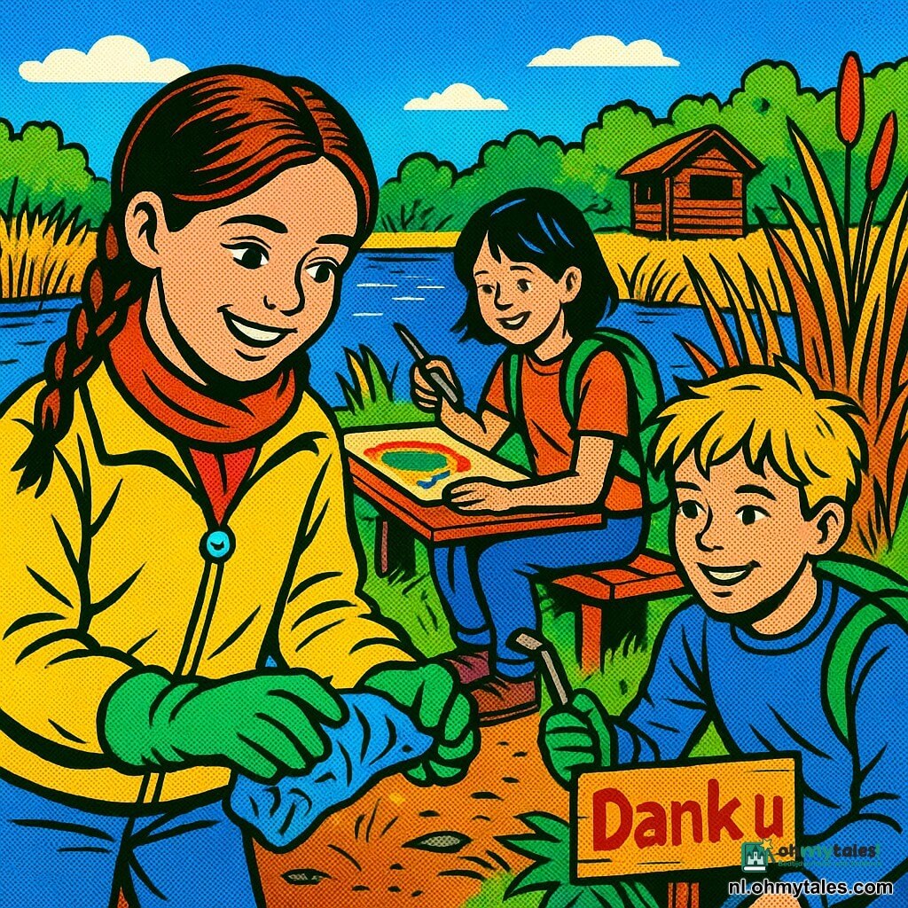 Een vrolijk geconcentreerd meisje van 12 met gevlochten bruin haar, gele jas en rode sjaal raapt met groene handschoenen een blauw plastic stukje op; een ongeveer 11-jarige jongen met warrig blond haar in jeans buigt naast haar en glimlacht terwijl hij een grijze pincet vasthoudt; een ongeveer 12-jarig meisje met kort zwart haar en een groene rugzak tekent een kleurig bord op karton op een bankje achter hen; scène aan een rietveld bij een vijver met hoge beige en groene grassoorten, bruine rietstengels, donker water en een handgeschilderd houten bord, smal pad met modderige plassen en een houten vogelkijkhut op de achtergrond; sfeervolle, verzadigde kleuren en dikke contouren in popart-stijl; onderwerp: kinderen die de oever schoonmaken, afval rapen en een bordje "merci" plaatsen, concrete optimistische daad.
