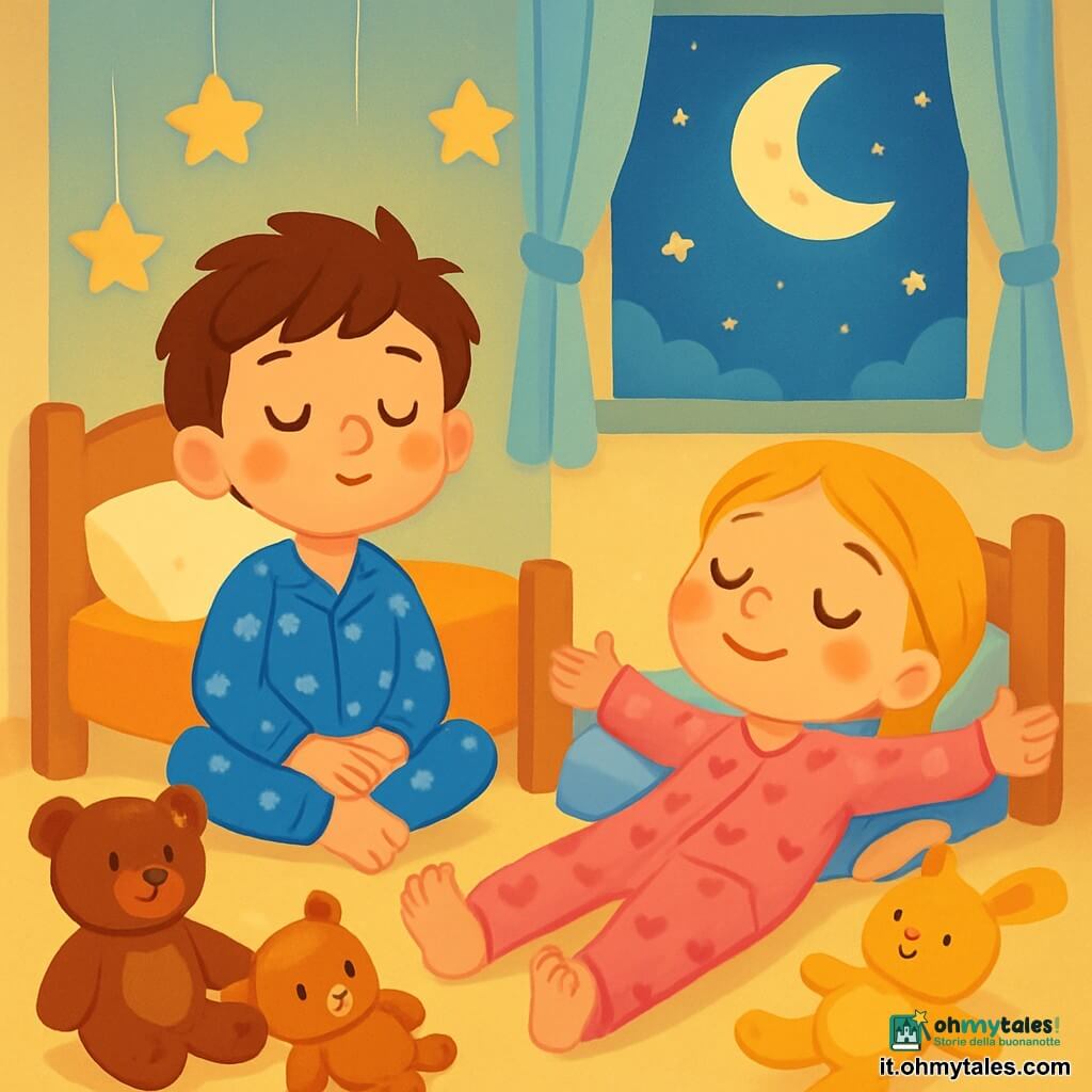 Ci sono 2 personaggi principali: Leo, un bambino di 5 anni con capelli castani disordinati e occhi brillanti, indossa un pigiama blu con stelle bianche ed è seduto sul letto con le gambe incrociate, sorridendo serenamente. Giulia, una bambina di 4 anni con capelli biondi intrecciati e occhi dolci, indossa un pigiama rosa con piccoli cuori ed è sdraiata sul letto con le braccia aperte, guardando il soffitto con meraviglia. La scena si svolge in una cameretta accogliente, con pareti pastello, stelle luminose appese al soffitto e peluche sparsi sul pavimento. Una dolce luce lunare filtra attraverso le tende leggere, creando un'atmosfera tranquilla e magica. Leo e Giulia prendono un grande respiro insieme, i volti rilassati e sereni, circondati dai loro peluche, condividendo un momento di calma, pronti a dormire sotto lo sguardo benevolo della luna.