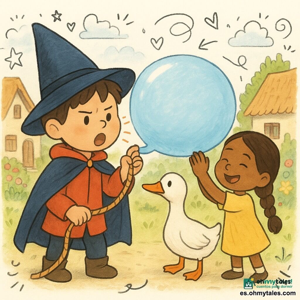 Un pequeño hechicero llamado Bruno, con un gran sombrero puntiagudo y una capa colorida, tiene un aire determinado y ligeramente inquieto. Sostiene una cuerda y canta para atraer una gran burbuja flotante. Una niña de 7 años con trenzas se ríe y empuja suavemente la burbuja con sus manos. Ella está al lado de Bruno, un poco atrás. Un pato curioso, con un pico naranja brillante, empuja la burbuja con su pico, junto a la niña. La escena se desarrolla en una pintoresca plaza de pueblo, rodeada de casas con techos de paja y flores coloridas. La situación principal muestra a Bruno y sus amigos uniendo esfuerzos para recuperar la burbuja mágica, creando una atmósfera alegre y colaborativa.