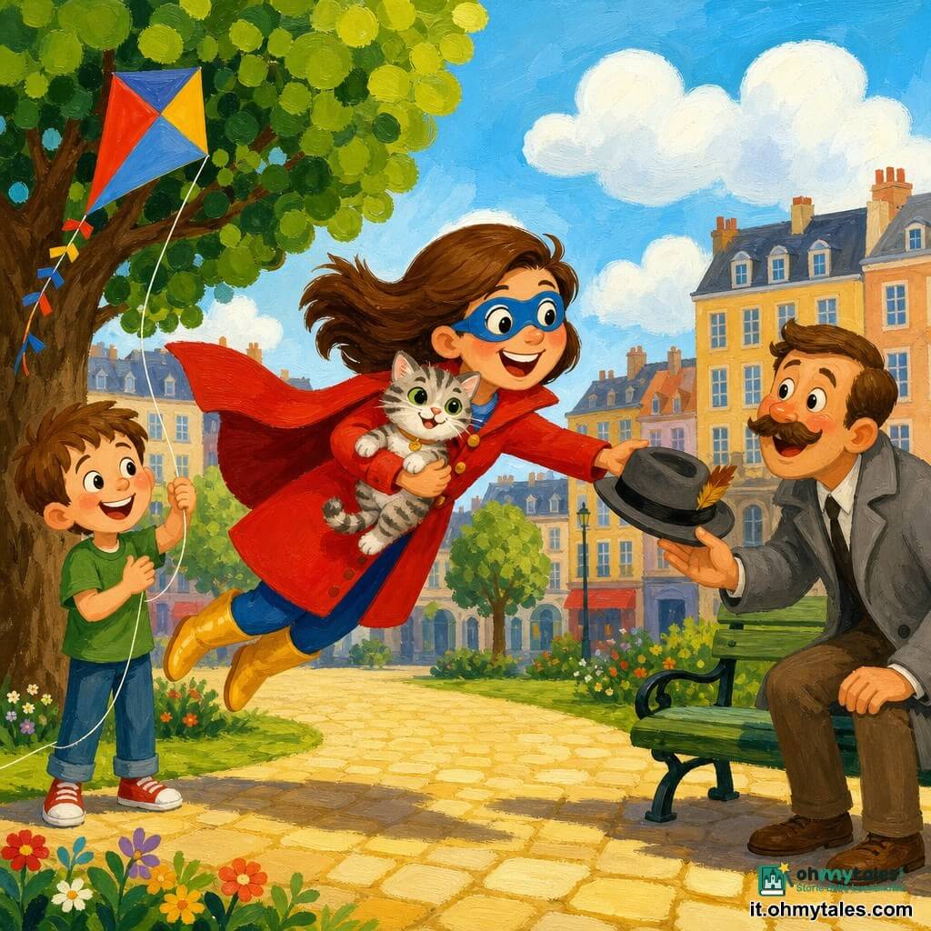Una supereroina ragazza sorridente con grande sorriso e guance rosse, veste un cappotto rosso, stivali gialli e una maschera tonda blu; vola leggermente tendendo le braccia per prendere un gattino tigrato che si accuccia tra le sue mani facendo le fusa. Un bambino di circa 6 anni, capelli castani corti e maglietta verde, ride e applaude tenendo il filo di un aquilone a sinistra, vicino a un grande albero dalle foglie tonde; a destra un uomo di circa 40 anni, baffi e cappotto grigio, sorride riprendendo il suo cappello vicino a una panchina. Parco urbano colorato con alberi, palazzi sullo sfondo, sentiero di sampietrini gialli e cielo azzurro con nuvole soffici; scena principale: supereroina che aiuta il gattino e restituisce il cappello, toni vivaci, forme semplici e contorni arrotondati, atmosfera calda e giocosa.
