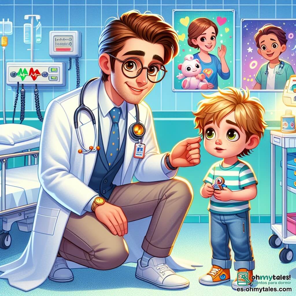 Un médico hombre, de unos treinta años, con cabello castaño y gafas, lleva una bata blanca que brilla bajo la luz. Tiene una sonrisa cálida y ojos llenos de empatía, mientras se arrodilla junto a un niño, Samuel, de aproximadamente 8 años, con cabello rubio desordenado y un rostro preocupado. Samuel sostiene un pequeño juguete en forma de coche en sus manos y mira al médico con una expresión de confianza que comienza a dibujarse en su rostro. En la sala de urgencias de un hospital, las paredes están pintadas de azul claro, y hay carteles coloridos de superhéroes y animales sonrientes decorando la habitación. Se pueden ver equipos médicos, como un monitor cardíaco y estanterías llenas de suministros. El médico explica con calma a Samuel cómo le ayudará a respirar mejor, mientras que la madre de Samuel, una mujer de unos treinta años con cabello castaño y un rostro preocupado, se encuentra al lado, con las manos apretadas sobre su corazón, observando la escena con esperanza.