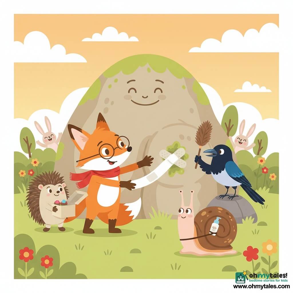 Foxley, a small elegant anthropomorphic fox with thin round glasses and a red scarf, mischievous and determined with bright russet fur, carefully holds a large white bandage against the knee of Mount Nibble — a rounded, knee-shaped anthropomorphic mountain with beige rocky texture, green moss and a smiling face carved near the summit — while Pip, a small round hedgehog with neat quills, stands front-left holding an open cupcake box and smiling reassuringly; Sir Pickleton, a slightly pompous blue-and-black magpie, perches on a rock to the right, waving an old feather duster and making a nervous little bow; Cressida, a slow graceful slug/snail with a tiny lotion bottle attached to her shell, advances at the mountain's base with a focused gentle expression. The scene is a colorful sunset meadow with tender green stylized grass, simple red and yellow flowers, soft clouds, a few cartoony rabbits and trees watching and applauding, warm light and flat shadows; the friends joyfully and cooperatively apply a knee bandage to the mountain, centered on the action.