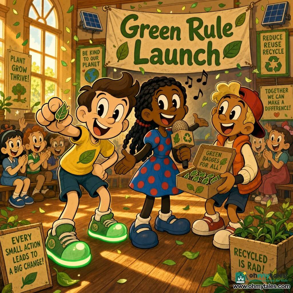Three children, about 8 years old: Sam, a brown-haired boy in green glittery sneakers and a yellow t-shirt with a leaf, leans forward center-left offering a small leaf-shaped pin; Maya, a black-haired girl in a braid at center, wearing a blue polka-dot dress and holding a decorated cardboard microphone, smiles as she sings; Theo, a blond boy in a red cap and orange vest at right, holds an open box of green badges and watches enthusiastically. They stand in a warm school hall with light wood floors and large sunlit windows, green posters and a “Green Rule Launch” banner on the walls, leaf-shaped confetti falling and blurred classmates on benches clapping. The scene shows a joyful launch ceremony for eco-rules as the kids present leaf badges amid bright colors, warm light and handmade eco decorations suggesting hope and collective action.