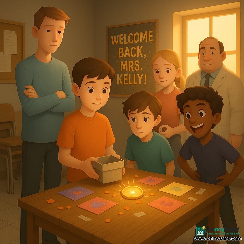 There are six characters: Milo, an attentive 11-year-old boy with short brown hair holding a small fabric box at the center in front of the table; Rowan, an unusually tall 11-year-old boy with pale skin and calm posture to Milo’s left, arms crossed; Jayden, an 11-year-old boy with tousled chestnut hair and a wary look to Milo’s right, leaning slightly toward the table; Nico, an 11-year-old boy with curly black hair and an exaggerated smile standing near Jayden with hands on hips; Sasha, a 12-year-old girl with a blonde ponytail and flushed cheeks standing behind the table near a poster, holding a roll of tape; Mr. Pritchard, an adult man around 50 with a large build and beige coat standing behind Sasha near the door, looking sheepish but kind. Setting: a small teachers’ room lit by a rectangular window with a worn wooden table at the center covered in colorful handmade cards and a large glittery “WELCOME BACK, MRS. KELLY!” poster, a corkboard behind the table, a stacked chair in a corner, light-colored tiled floor and warm golden light. Main situation: the children discover a bright, focal medallion on the table surrounded by handmade cards and the poster, their faces showing emotion, surprise and relief; orange candy traces and bits of tape add realism.