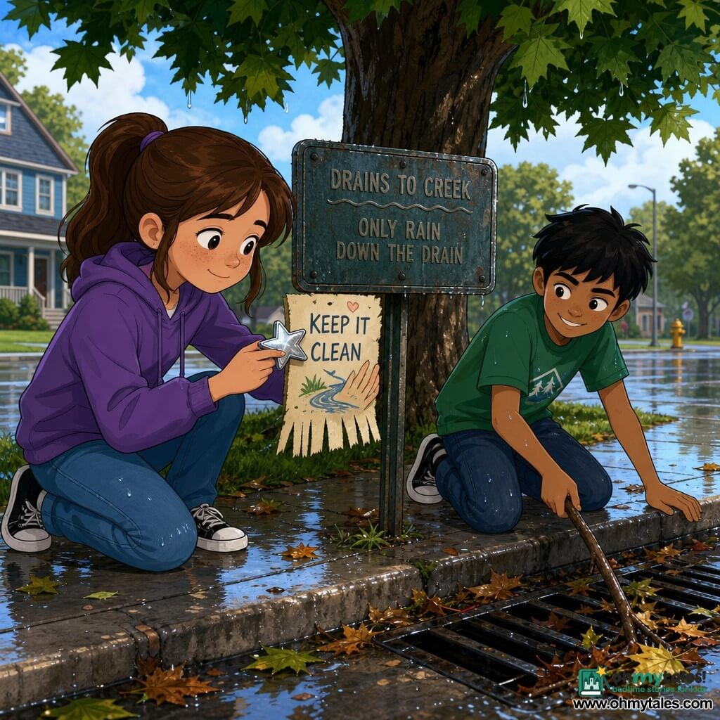 A calm, bright after‑rain scene at the edge of a park: 12‑year‑old Mina, round freckled face and brown mid‑length hair in a ponytail, concentrates with a shy smile as she presses a fringed paper against a small metal sign using a shiny star magnet in her left hand; about‑12‑year‑old Jax, short black hair and a green t‑shirt, kneels beside her using a stick to push wet leaves out of the dark grated gutter to her right; wet sidewalk, puddles, damp grass, a worn “DRAINS TO CREEK / ONLY RAIN DOWN THE DRAIN” sign and a large dark‑green maple in the background, with droplets and leaves on the pavement and vivid, wet textures.