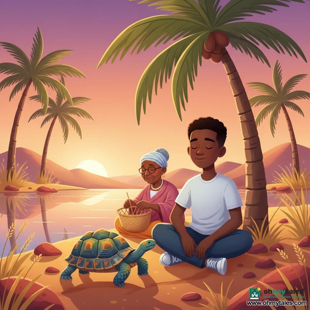 A young man (about 20) sits under a palm tree, serene and awed, eyes half-closed, hands on his knees, listening to rustling leaves; an elderly woman (about 70) with deep wrinkles and a gentle smile braids a basket a few steps behind him to the left; a slow tortoise with a textured, colorful shell moves near his feet, calm and attentive; the setting is an oasis at dusk with mirror-like water reflecting an orange-purple sky, tall palms, golden grasses and warm red stones; the scene is warm and peaceful with long graphic shadows, sharp textures, saturated colors and soft contrasts in a childlike style with rounded shapes, simple lines and readable expressions.