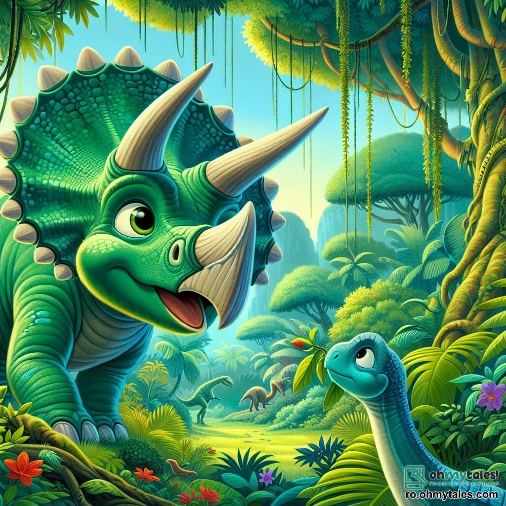Un triceratops numit Tiri, cu o piele verde strălucitoare și trei coarne strălucitoare, stă curios în mijlocul unei jungle luxuriante, cu ochii mari și rotunzi plini de uimire. Lângă el, un mic dinozaur cu gât lung, un brachiosaur, se apleacă să guste o frunză jucăușă, cu solzi de un albastru strălucitor care contrastează cu verdeața din jur. Jungla este densă, plină de copaci uriași cu trunchi groși, liane suspendate și flori colorate care înfloresc ici și colo, creând un tablou viu. Tiri, intrigat de un foșnet, se apropie încet de un tufiș, pregătit să descopere un nou prieten în această lume plină de aventuri.