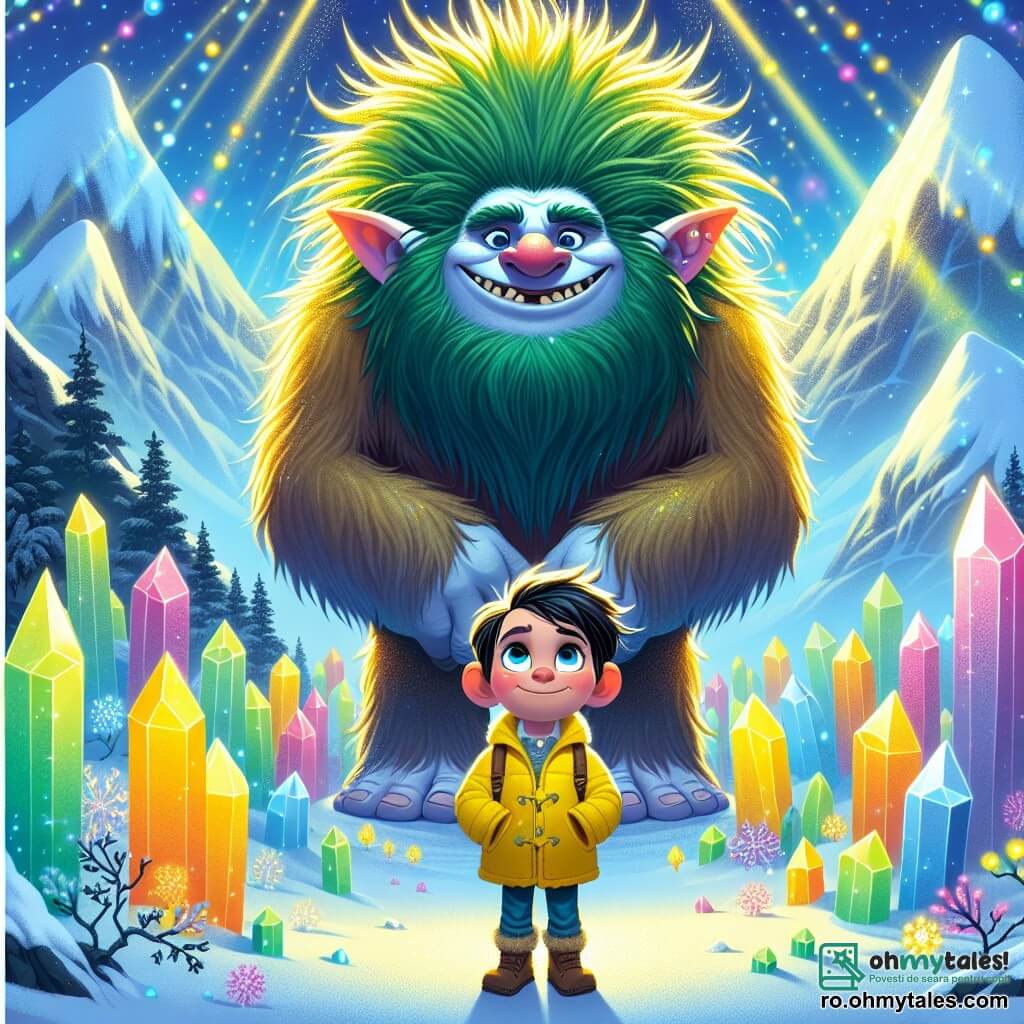 Un troll numit Tilo, mare și păros, cu o frizură de spini verzi și un zâmbet larg, stă în centrul imaginii, având o expresie prietenoasă și primitoare. Lângă el, un băiat de 8 ani numit Alex, cu părul brun și ochii strălucitori, poartă o haină galbenă aprinsă și un rucsac mic. El privește cu uimire trollul, pregătit să trăiască o aventură magică. Fundalul este un peisaj de basm pe vârful unui munte acoperit de zăpadă, cu cristale colorate strălucind sub soare, flori luminoase și zebre de lumină în cer. În fundal, munți măreți se ridică, creând o atmosferă de mister și magie. Situația principală îi arată pe Alex și Tilo în fața unui cerc de gheață care se luminează cu cristale, pregătiți să intre într-o lume magică plină de creaturi fantastice, în timp ce zebrele dansează vesel în jurul lor.