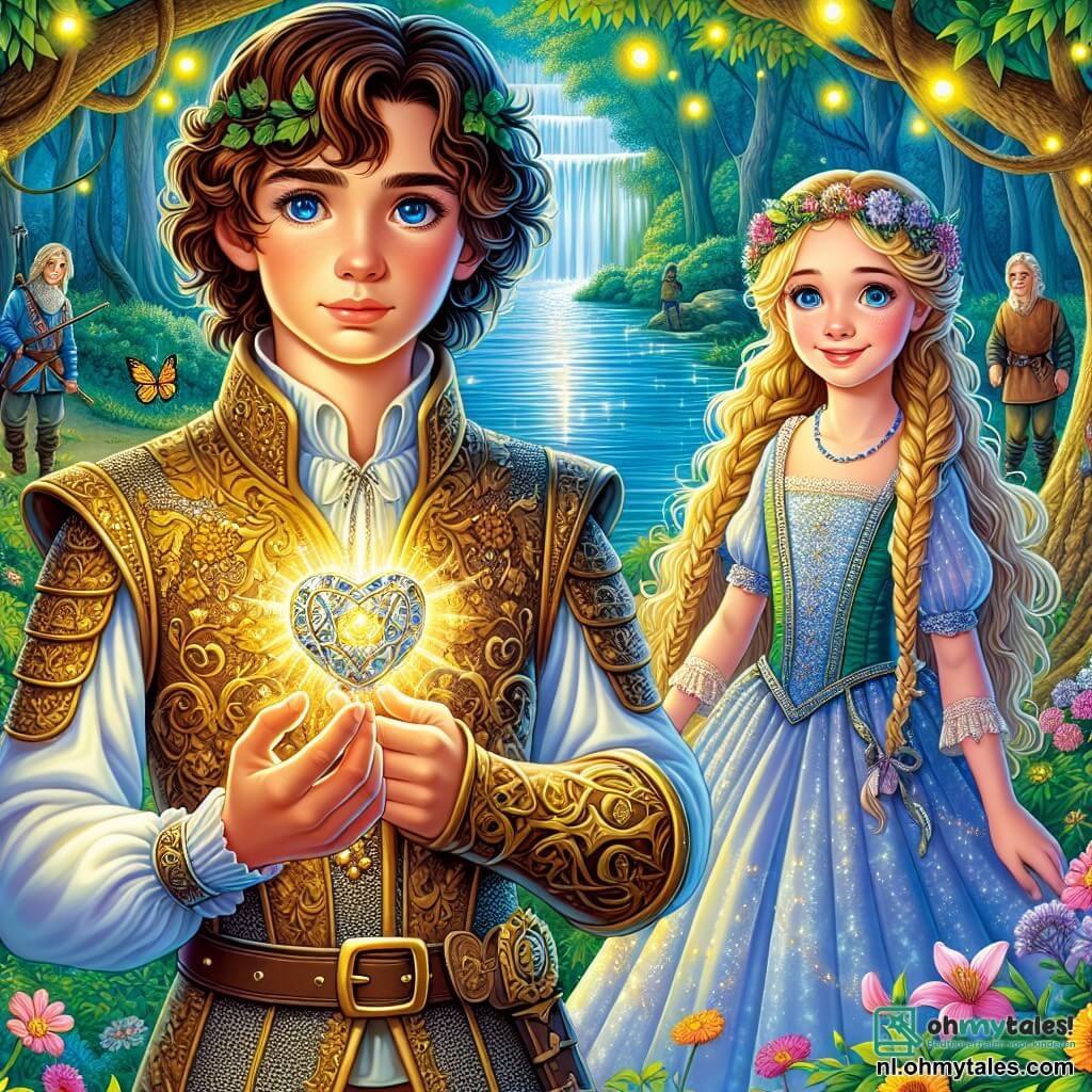 Een jonge prins, Aiden, ongeveer 12 jaar oud, staat moedig voor een majestueuze, glinsterende rivier. Hij heeft krullend kastanjebruin haar, ogen die blinken van vastberadenheid en draagt een gouden harnas versierd met bloemmotieven. Zijn gezicht toont zowel moed als verwondering terwijl hij stevig een lichtgevende amulet in zijn hand vasthoudt. Naast hem staat een mooie prinses genaamd Elara, ongeveer 11 jaar oud, met een stralende glimlach. Ze heeft lange, gevlochten blonde haren, sprankelende ogen van vreugde en draagt een blauwe satijnen jurk versierd met delicate bloemen. Ze kijkt Aiden bewonderend aan, klaar om hem te helpen in hun queeste. De achtergrond is een betoverd bos met dikke boomstammen en helder groene bladeren. Kleurrijke bloemen groeien om hen heen en vuurvliegjes dansen in de lucht, wat een magische sfeer creëert. Aiden en Elara bereiden zich voor om een mysterie op te lossen dat door de geesten van de rivier is gesteld, met lichtflitsen die uit Aiden's amulet komen en hun gezichten en het pad voor hen verlichten.