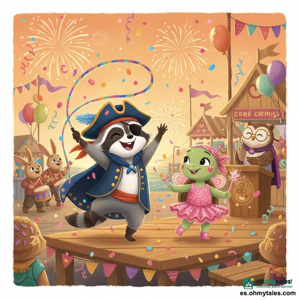 Leo, un pequeño mapache disfrazado de pirata, alegre con parche negro, sombrero con plumas azules y capa estrellada, baila en un pequeño escenario de madera con un lazo colorido y confeti rosa y dorado; Mimi, una tortuga con tutú rosa brillante y una varita mágica, sonríe tímidamente a su lado; el maestro de ceremonias, un búho con gafas redondas y capa violeta en un atril, aplaude mientras algunos conejos músicos tocan tambores; en un muelle decorado con guirnaldas, globos y puestos de golosinas bajo un cielo crepuscular con fuegos artificiales y reflejos dorados en el agua, reina una atmósfera festiva y cálida de victoria y amistad, colores pastel vivos, textura gouache, trazos suaves y detalles divertidos como serpentinas, estrellas de confeti y pequeños espectadores animales sonrientes.