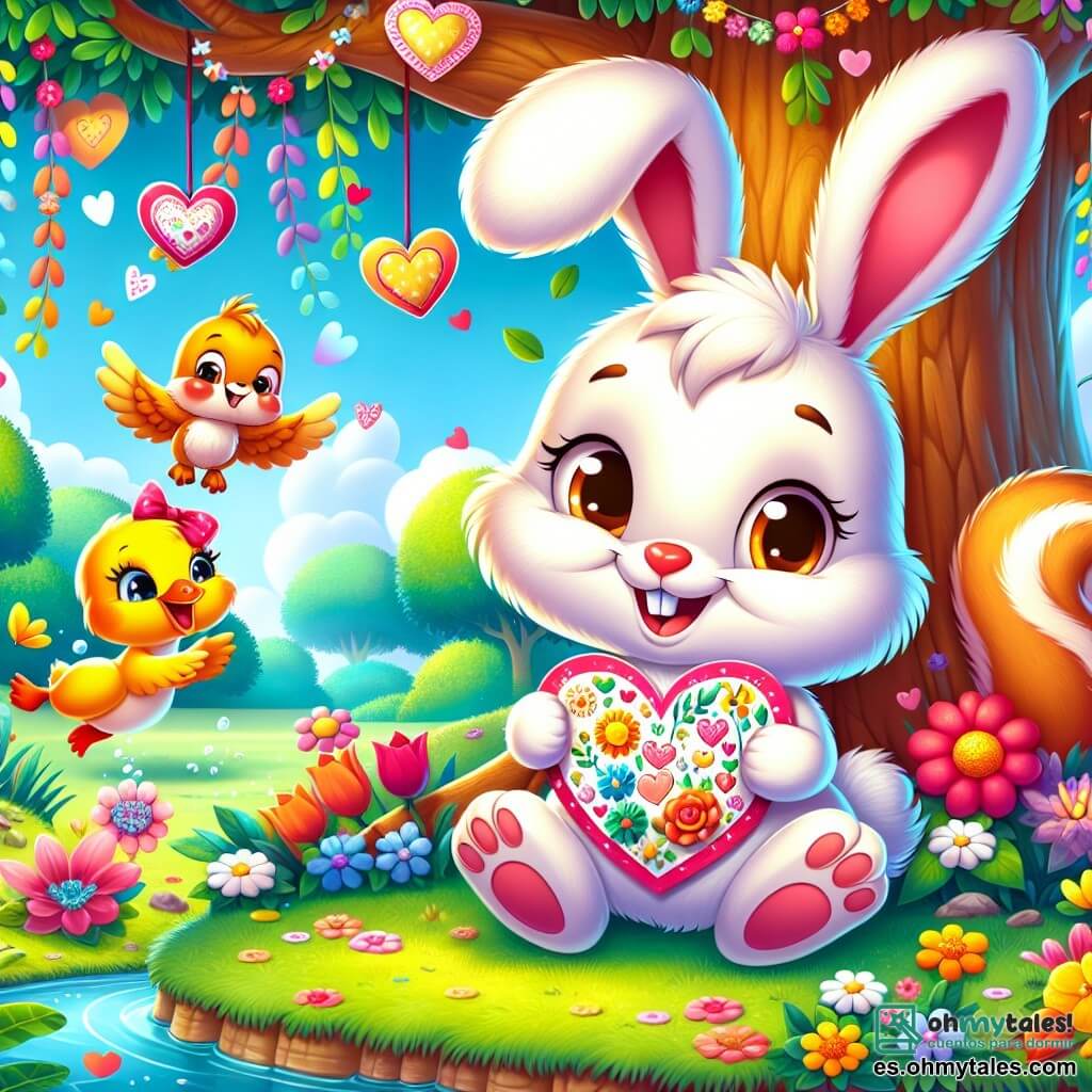 Un pequeño conejo llamado Rabo, con grandes orejas suaves y un pelaje blanco brillante, está sentado bajo un gran árbol, con una radiante sonrisa en su rostro. Sostiene una tarjeta colorida en forma de corazón, decorada con flores y dibujos alegres, mostrando su felicidad por celebrar el Día de San Valentín con sus amigos. A su lado, Chispa, una pequeña ardilla de ojos brillantes y pelaje marrón dorado, salta de alegría sosteniendo una tarjeta que acaba de crear. Tiene una gran sonrisa y está rodeada de guirnaldas coloridas colgadas de las ramas del árbol. Pío, un pato de plumas amarillas brillantes, nada alegremente en un charco cercano, riendo y agitando sus alas, con un pequeño sombrero en forma de corazón que añade un toque festivo. El lugar es un hermoso parque del bosque de Amorrín, lleno de flores vibrantes, grandes árboles de hojas verdes brillantes y un cielo azul claro con nubes blancas esponjosas. La escena principal muestra a Rabo y sus amigos celebrando el Día de San Valentín, intercambiando tarjetas y sonrisas, rodeados de decoraciones coloridas, ilustrando la alegría de la amistad y el amor compartido.