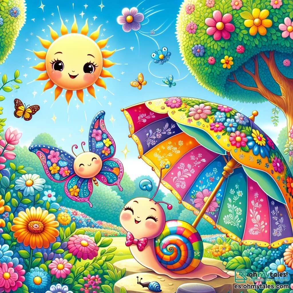 Un pequeño paraguas colorido, con patrones de flores y una cara sonriente, baila alegremente bajo un cielo azul claro, sus varillas agitando con entusiasmo. Cerca, una mariposa de alas vibrantes y coloridas, con ojos brillantes de felicidad, vuela en círculos alrededor del paraguas, añadiendo un toque de magia a la escena. Un pequeño caracol, con un caparazón rayado y una mirada curiosa, avanza lentamente sobre una piedra, observando con asombro a los dos amigos. El decorado es un jardín encantador, lleno de flores brillantes de todos los colores, con árboles majestuosos cuyas hojas brillan al sol. Rays de luz filtran a través de las ramas, creando sombras danzantes en el suelo. La situación principal muestra al paraguas y a la mariposa celebrando juntos la llegada de la primavera, mientras el caracol los anima con una sonrisa, todos unidos en una alegre danza primaveral en el corazón de su jardín mágico.