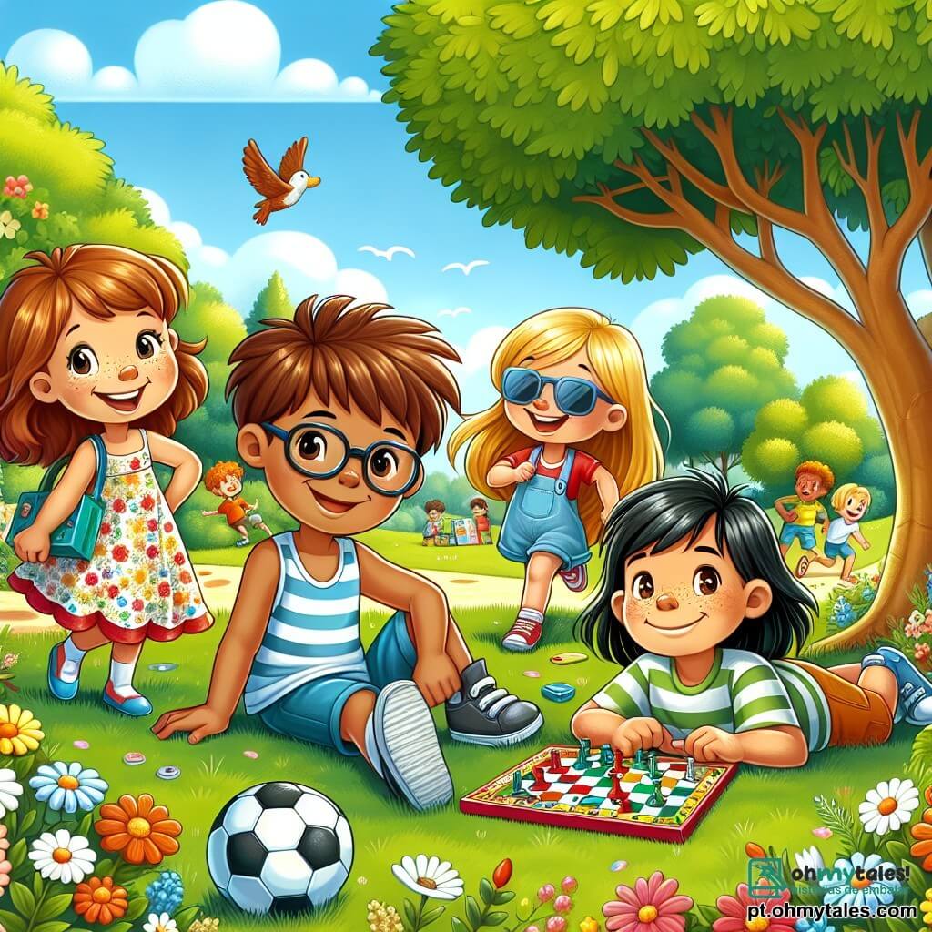 Em um parque ensolarado, quatro crianças brincam juntas. À esquerda, **Pedro**, um garoto de sete anos com cabelos castanhos e óculos, sorri segurando uma bola de futebol. Ao lado dele, **Luísa**, uma menina de sete anos com cabelos longos e loiros, usa um vestido colorido e ri segurando um jogo de tabuleiro. No centro, **Miguel**, um garoto de sete anos com cabelos pretos e sardas, corre em direção a uma grande árvore, com um olhar determinado. Finalmente, à direita, **Sofia**, uma menina de sete anos com cabelos castanhos e óculos de sol, se estica na grama, pronta para uma nova corrida. O parque está cheio de flores coloridas, árvores verdinhas e um céu azul brilhante. As crianças estão fazendo uma pausa após uma partida de futebol, conversando alegremente sobre seu dia perfeito, onde decidiram equilibrar o tempo em telas e o tempo brincando ao ar livre.