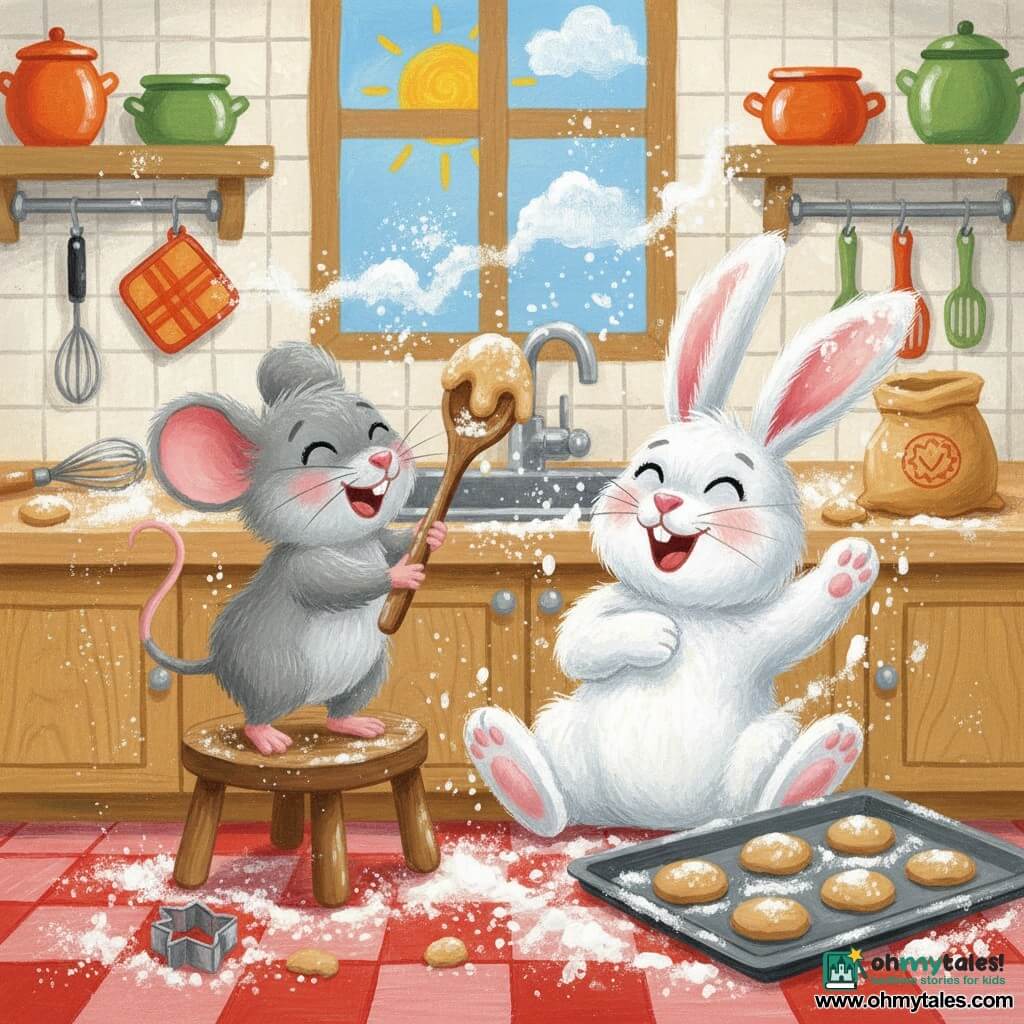 A cheerful, mischievous little mouse named Millie with bright eyes and soft gray fur stands on a stool holding a wooden spoon coated in cookie dough beside a surprised, laughing white rabbit named Benny with fluffy long ears and flour dusted over him, sitting by a light wooden countertop in a warm, colorful kitchen with orange and green ceramic jars, scattered flour and sugar, baking tools, and a joyful mess of flour in the air, sparkling sugar, and forming cookies as Millie and Benny laugh together.