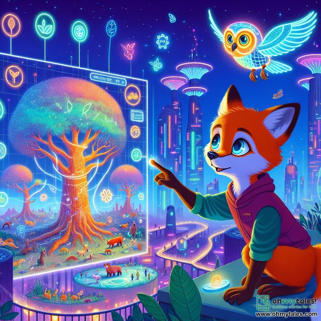 A young fox with bright, curious eyes and vibrant orange fur stands atop a shimmering tower, marveling at a glowing mural he has just created, depicting a majestic tree and animals in harmony with technology. Beside him, a holographic owl with iridescent feathers and wise, large eyes floats in the air, displaying an encouraging and proud expression while showing him interactive elements of the mural. In the background, the futuristic city of Neonwood stretches endlessly, with organically shaped buildings illuminated by colorful neon lights and hanging gardens, while aerial vehicles glide silently in the starry sky. The scene captures the moment the young fox realizes the impact of his art on the city, uniting nature and technology in a dance of light and creativity.