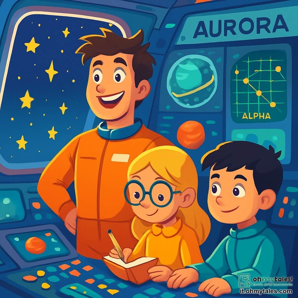 Il comandante Leo, un uomo di una trentina d'anni con capelli castani arruffati e un sorriso brillante, si trova davanti al pannello di controllo della navetta spaziale Aurora. I suoi occhi brillano di eccitazione e attesa mentre scruta le stelle scintillanti attraverso il grande oblò. Accanto a lui, Mia, una ragazza di 12 anni con capelli biondi e occhiali rotondi, prende appunti su un quaderno, il suo viso illuminato dalla luce degli schermi. È concentrata e curiosa, pronta a scoprire nuovi mondi. Un po' più in là, Sam, un ragazzo di 11 anni con capelli neri e lentiggini, regola i comandi della navetta, mostrando un'aria determinata ed entusiasta. La scena si svolge all'interno della navetta Aurora, uno spazio futuristico pieno di luci vivaci, pulsanti colorati e mappe stellari fluttuanti. Gli schermi mostrano immagini di pianeti lontani e stelle brillanti, creando un'atmosfera di avventura e mistero. La situazione principale mostra Leo e il suo team pronti a esplorare una regione sconosciuta della galassia Alpha, con espressioni di curiosità ed eccitazione sui volti, pronti a imbarcarsi per una nuova avventura spaziale.