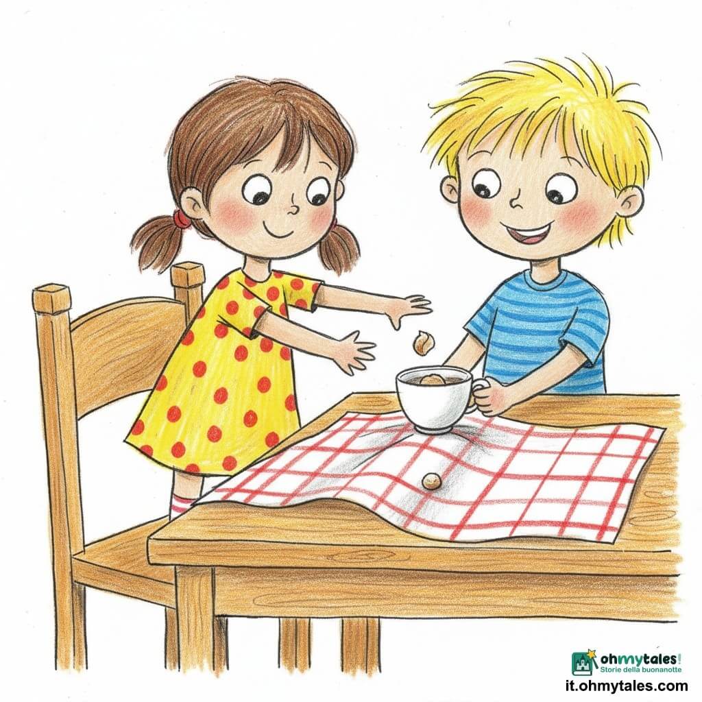 Ci sono due bambini di 3 anni: Lina, capelli castani in codini, vestito giallo a pois rossi, occhi tondi, in piedi sulla sedia a sinistra che tende la mano verso una piccola pagnottina in una tazza; Teo, capelli biondi spettinati, maglietta blu a righe, sorridente, a destra, tiene la tazza con entrambe le mani come se la stesse abbassando. Cucina vista da vicino: tavolo in legno chiaro, tovaglia bianca a quadretti rossi che ondeggia come un mare, grande sedia di legno, tazza bianca sulla tovaglia, una briciola piccola come una perla sul tavolo, luce calda con riflessi gialli sul legno. I due giocano a esploratori: il tavolo è una barca, la tovaglia il mare, salgono sulla sedia per raggiungere il "tesoro" — la pagnottina nella tazza.